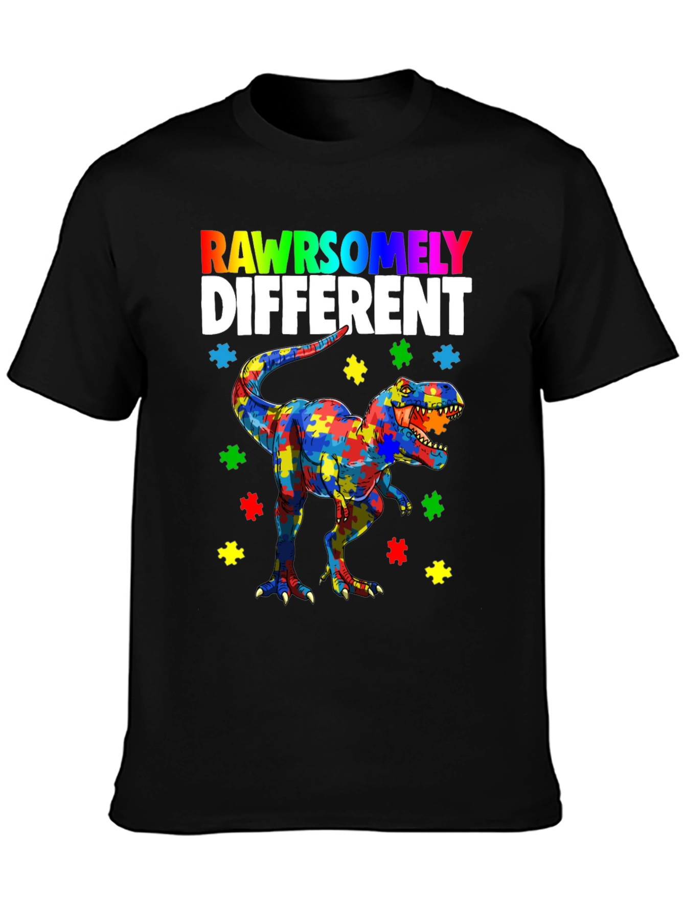 Black RAWRSOMELY DIFFERENT Autism Dinosaur T-Shirt view 3
