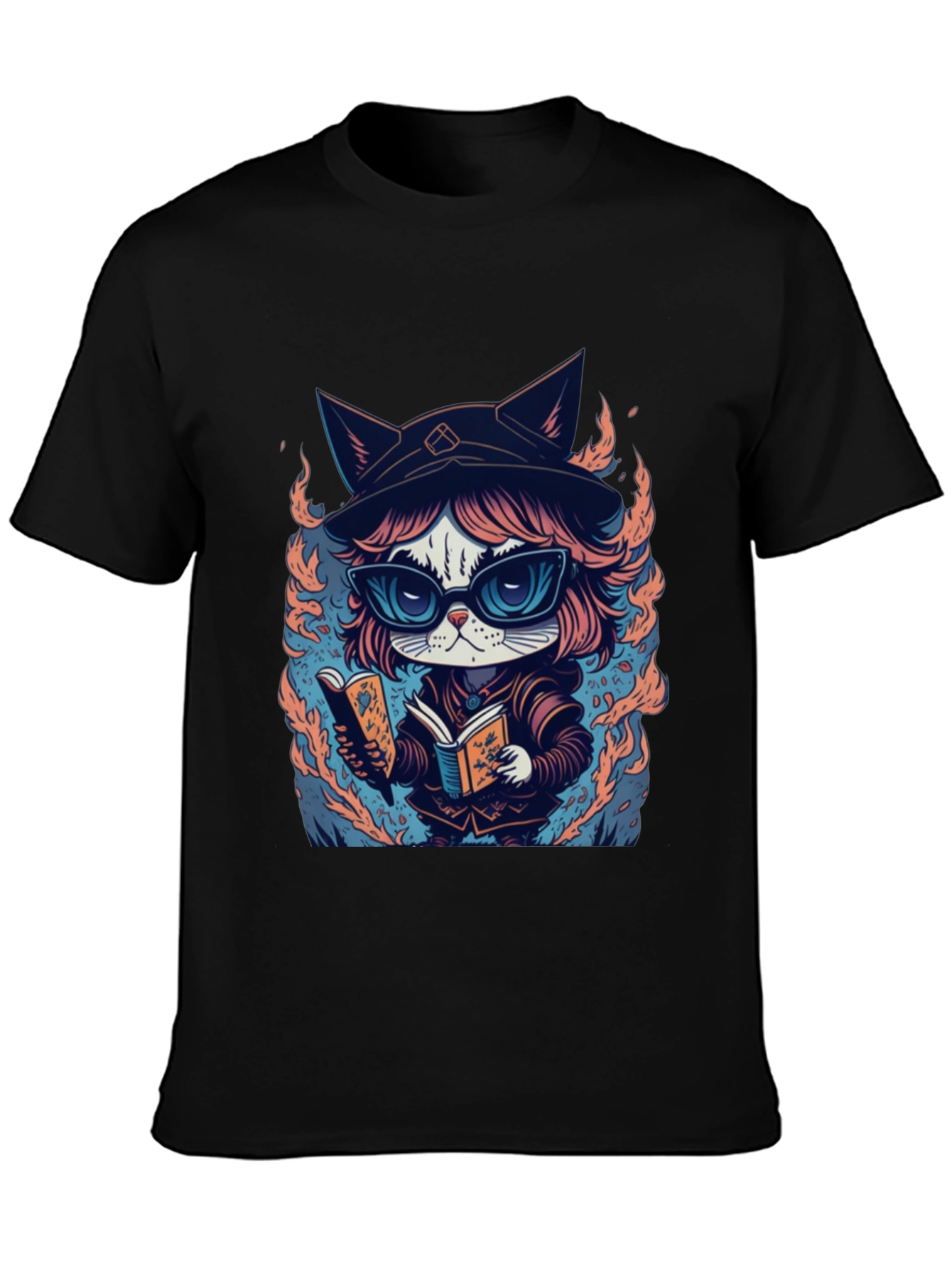 Black Wizard Cat T-Shirt - Bookish Feline Design view 3