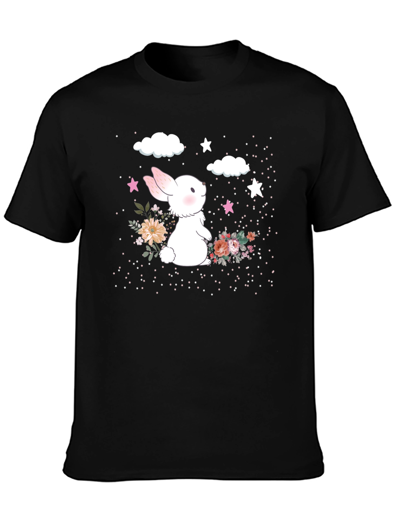 Black Cute Bunny Floral Graphic T-Shirt view 3