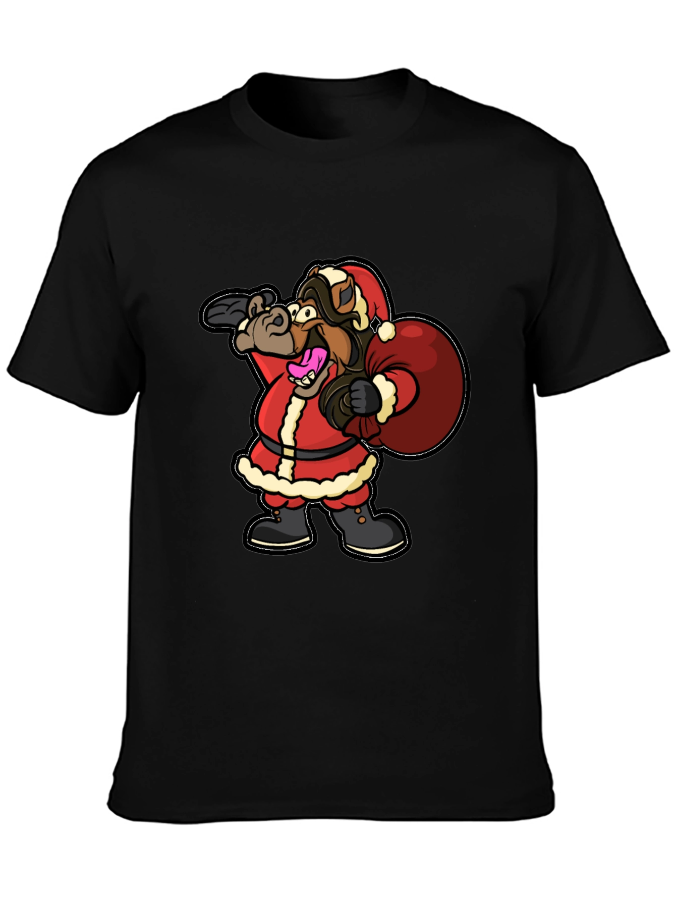 Black Funny Horse Santa Christmas Black T-Shirt view 3