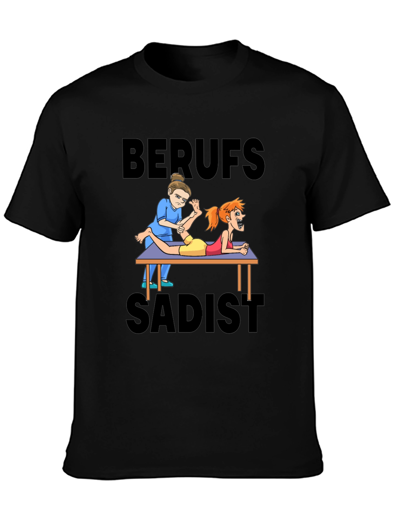 Black Funny Cartoon Physiotherapist T-Shirt view 3