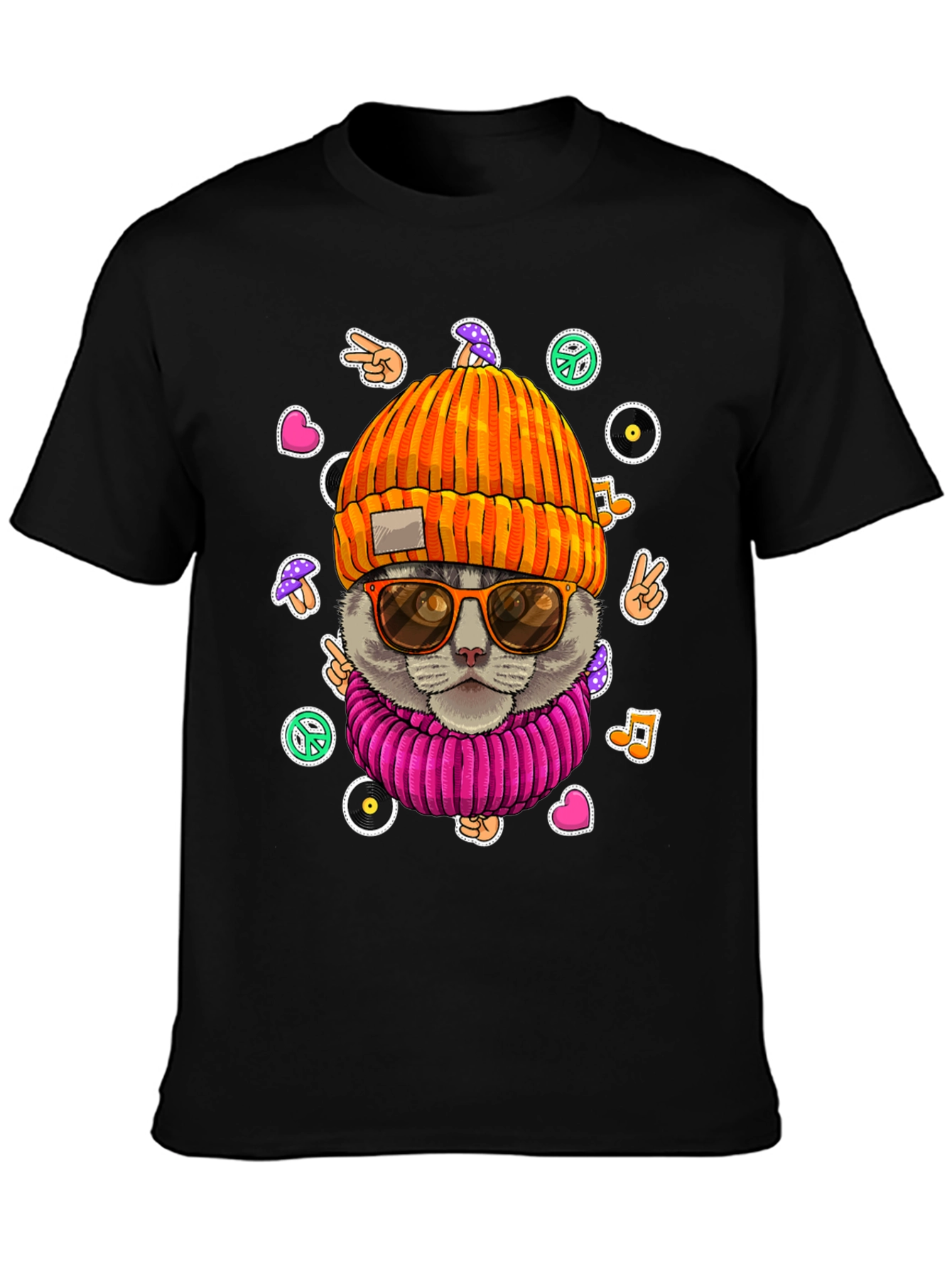 Black Cool Cat Graphic Tee - Hippie Style view 3