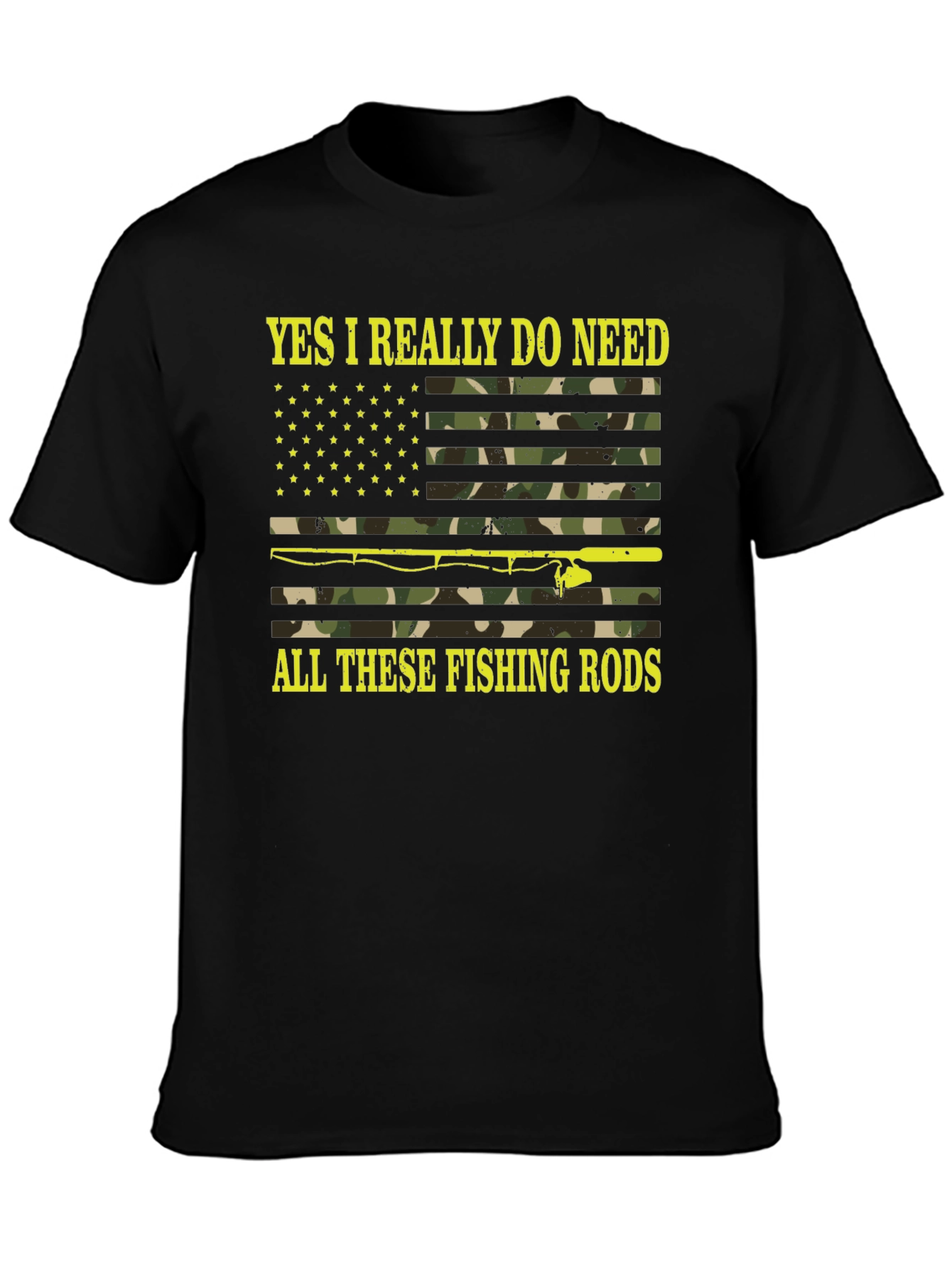 Black Funny Fishing Rods Camo Flag Graphic Tee view 3