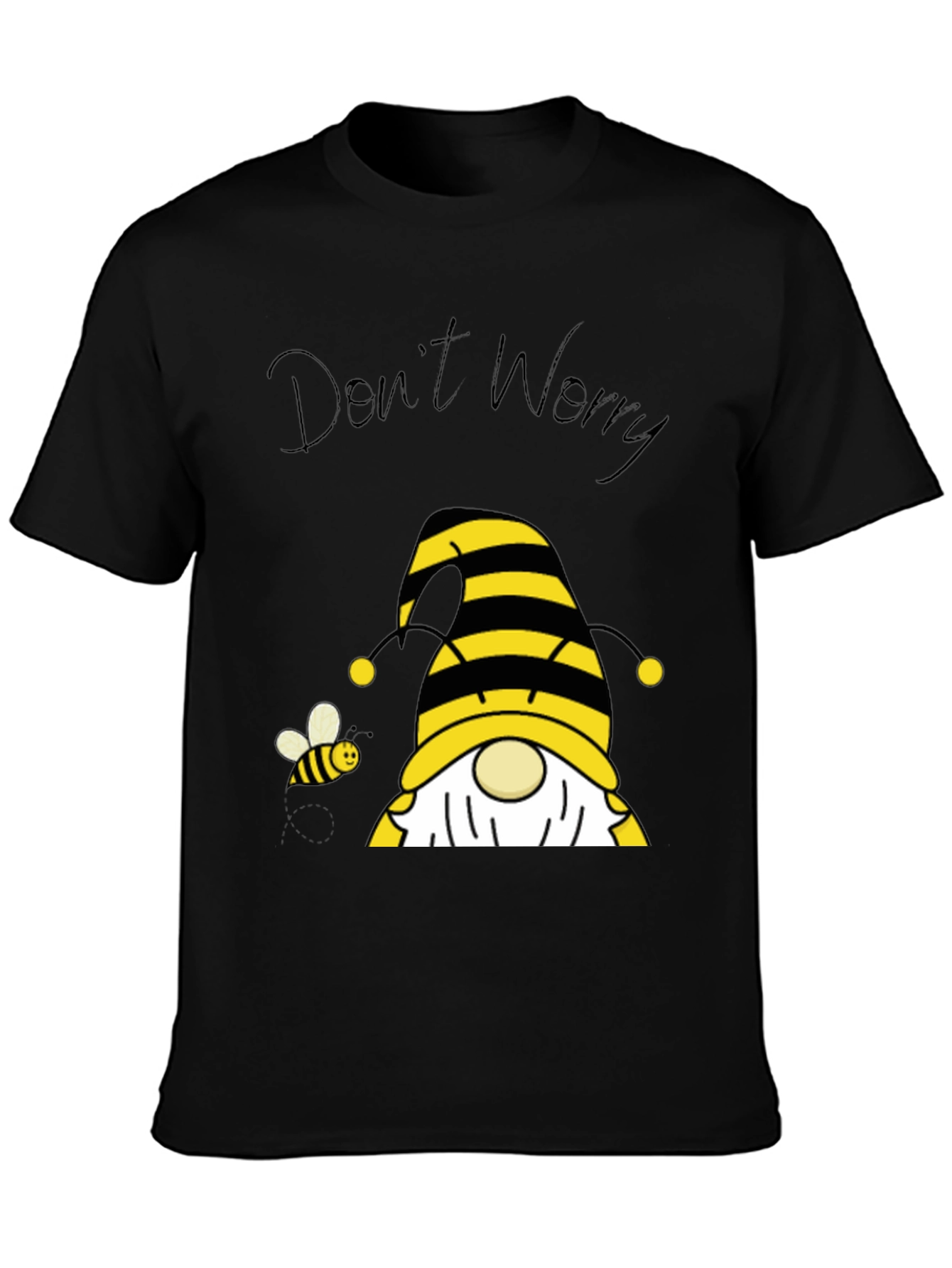Black Don't Worry Bee Happy Gnome T-Shirt view 3