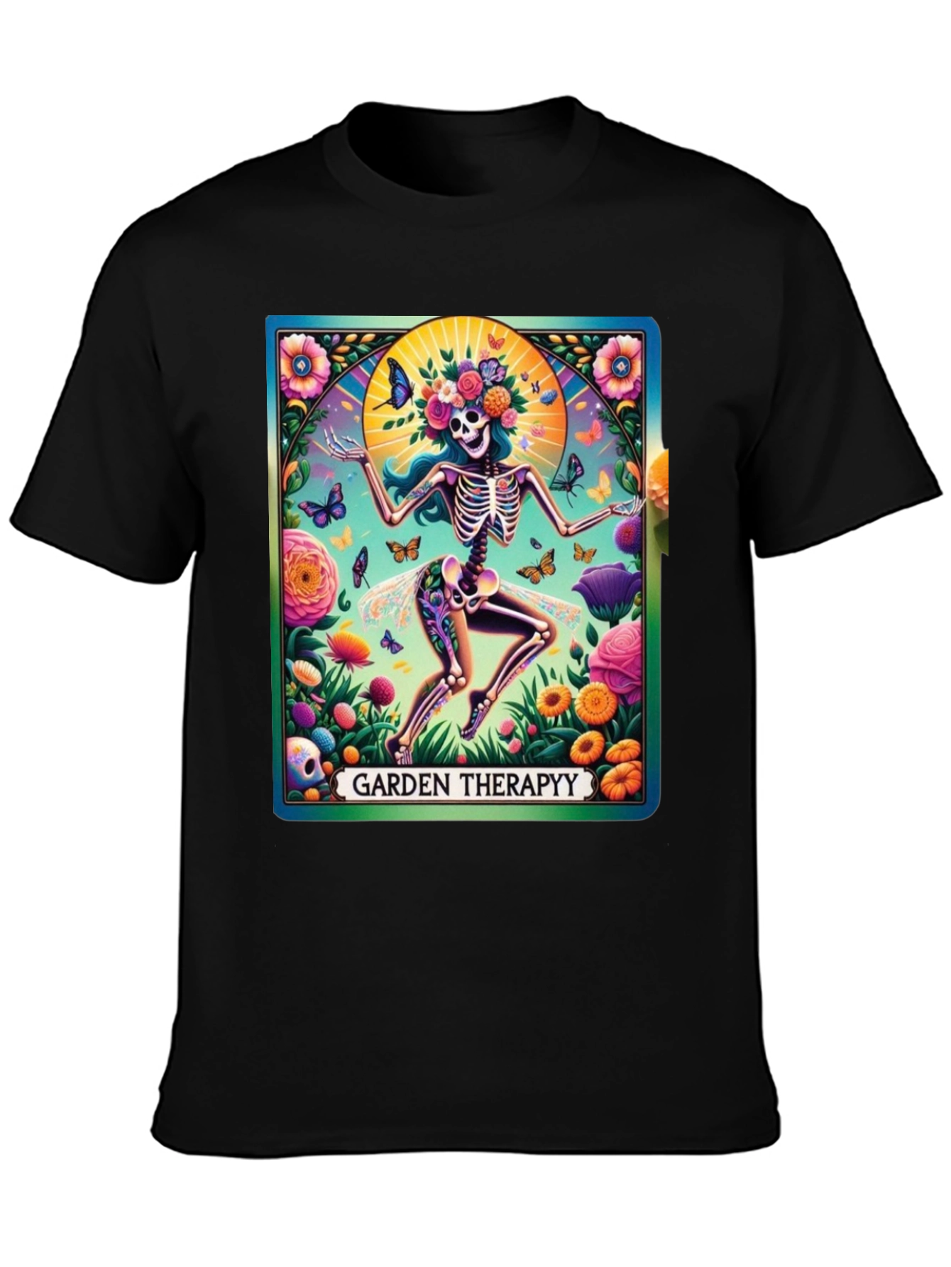 Black Garden Therapy T-Shirt: Skeleton Flower Power Tee view 3