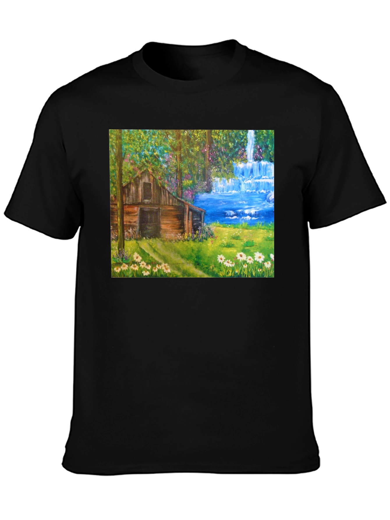 Black Cabin Waterfall Nature T-Shirt view 3