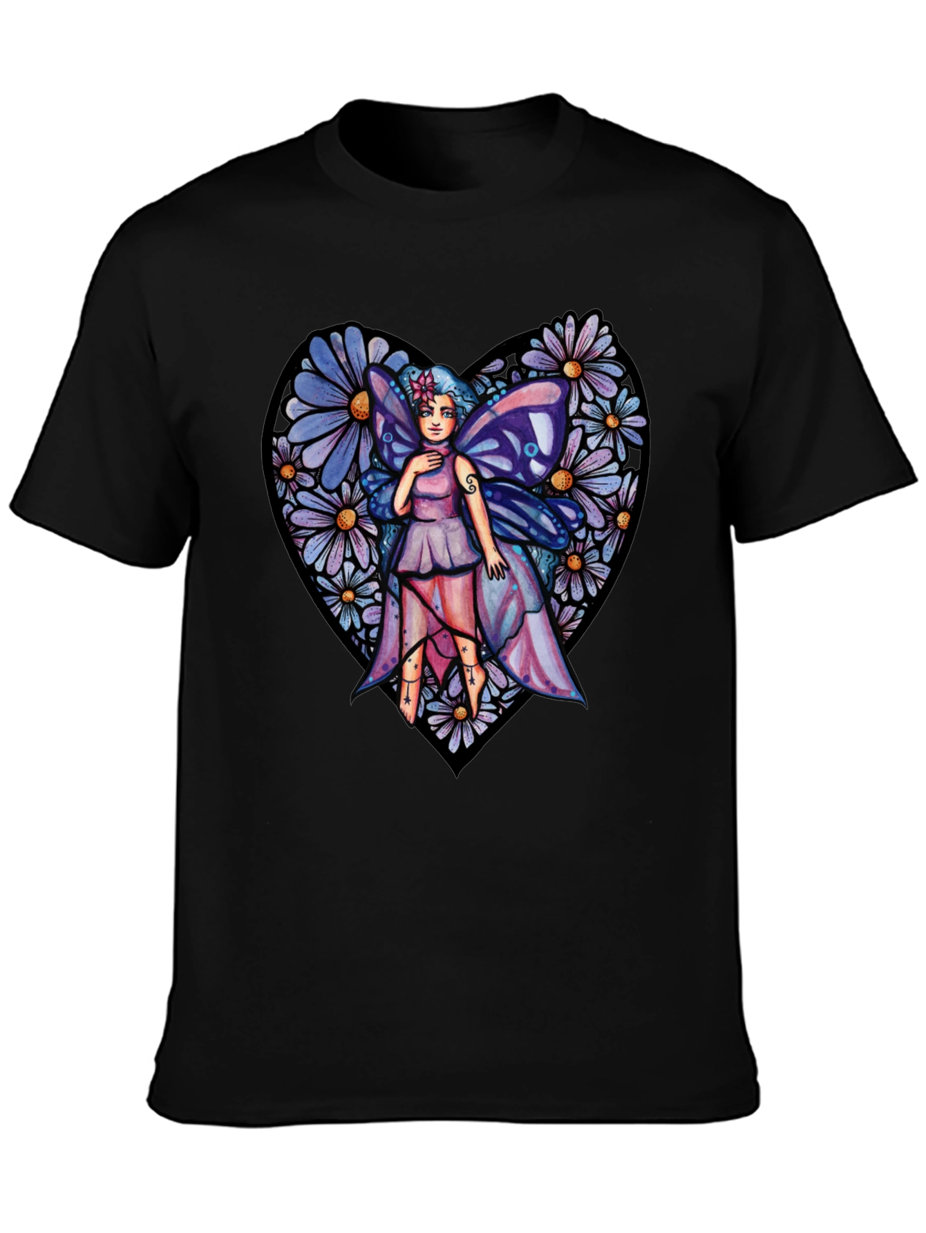 Black Fairy Heart T-Shirt, Floral Graphic Tee, Unique Design view 3
