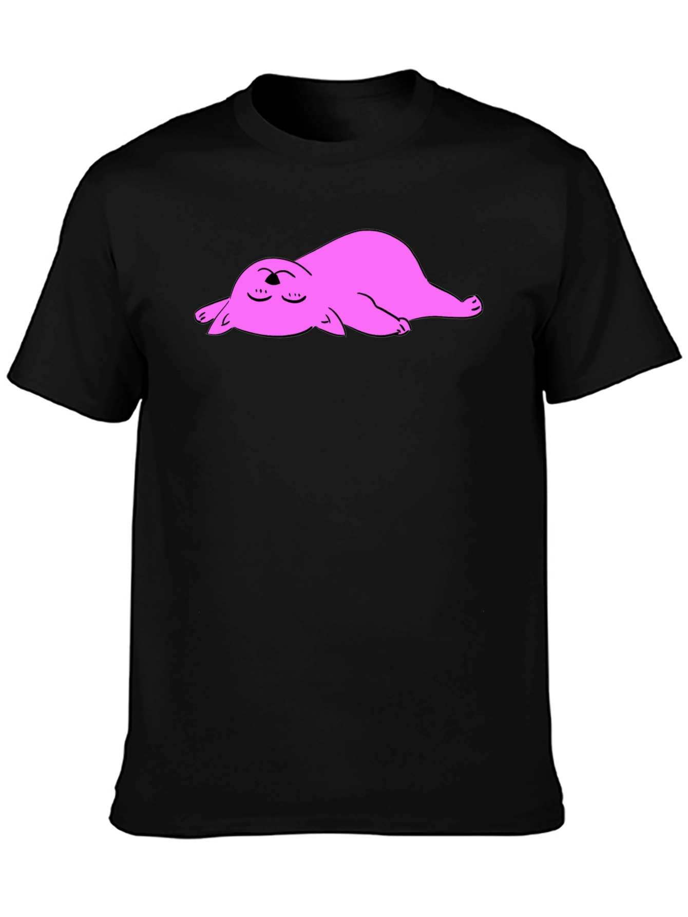Black Black T-Shirt with Sleeping Pink Cat Cartoon Graphic view 3