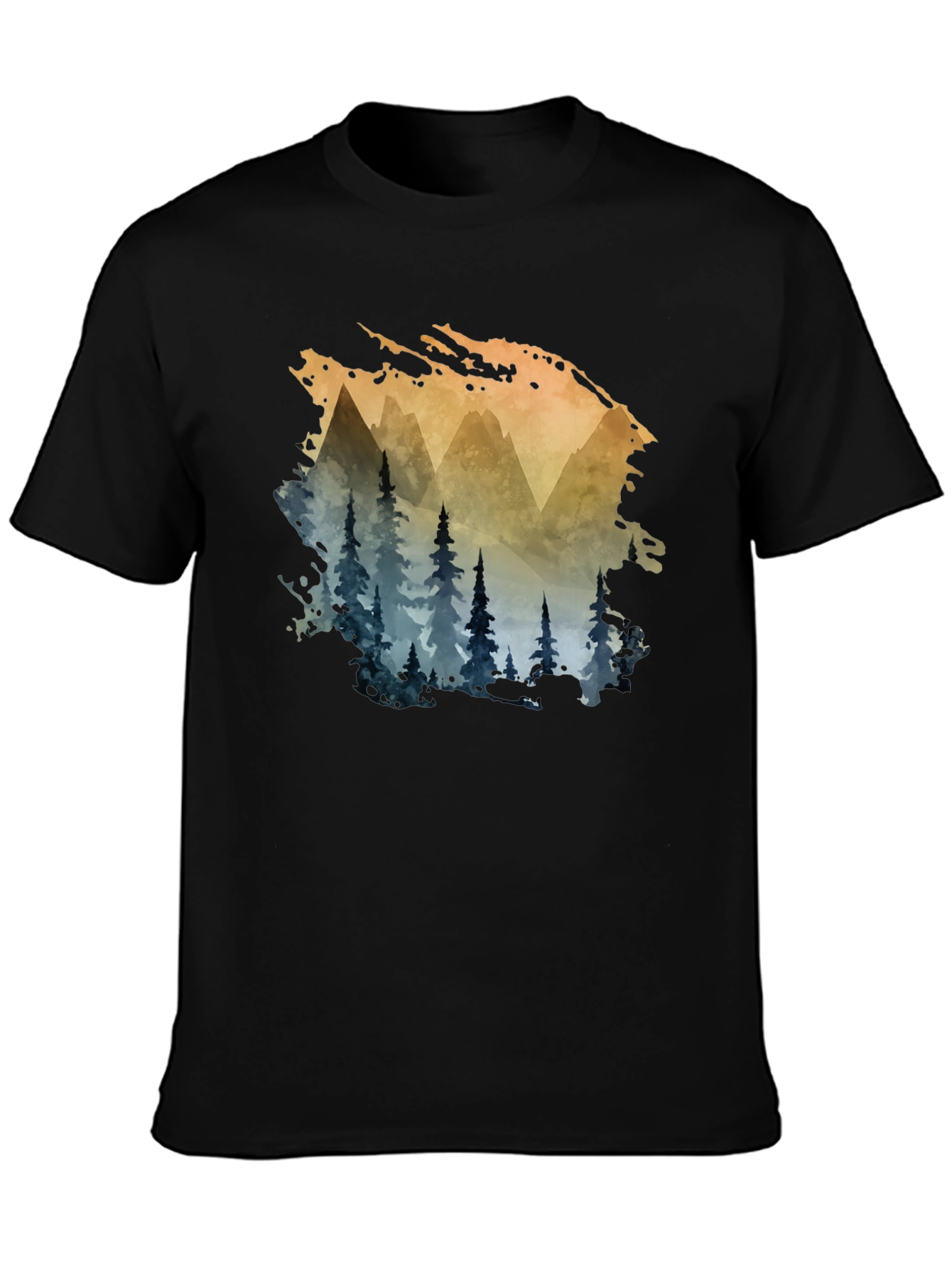 Black Watercolor Mountain & Trees Graphic Tee - Black view 3
