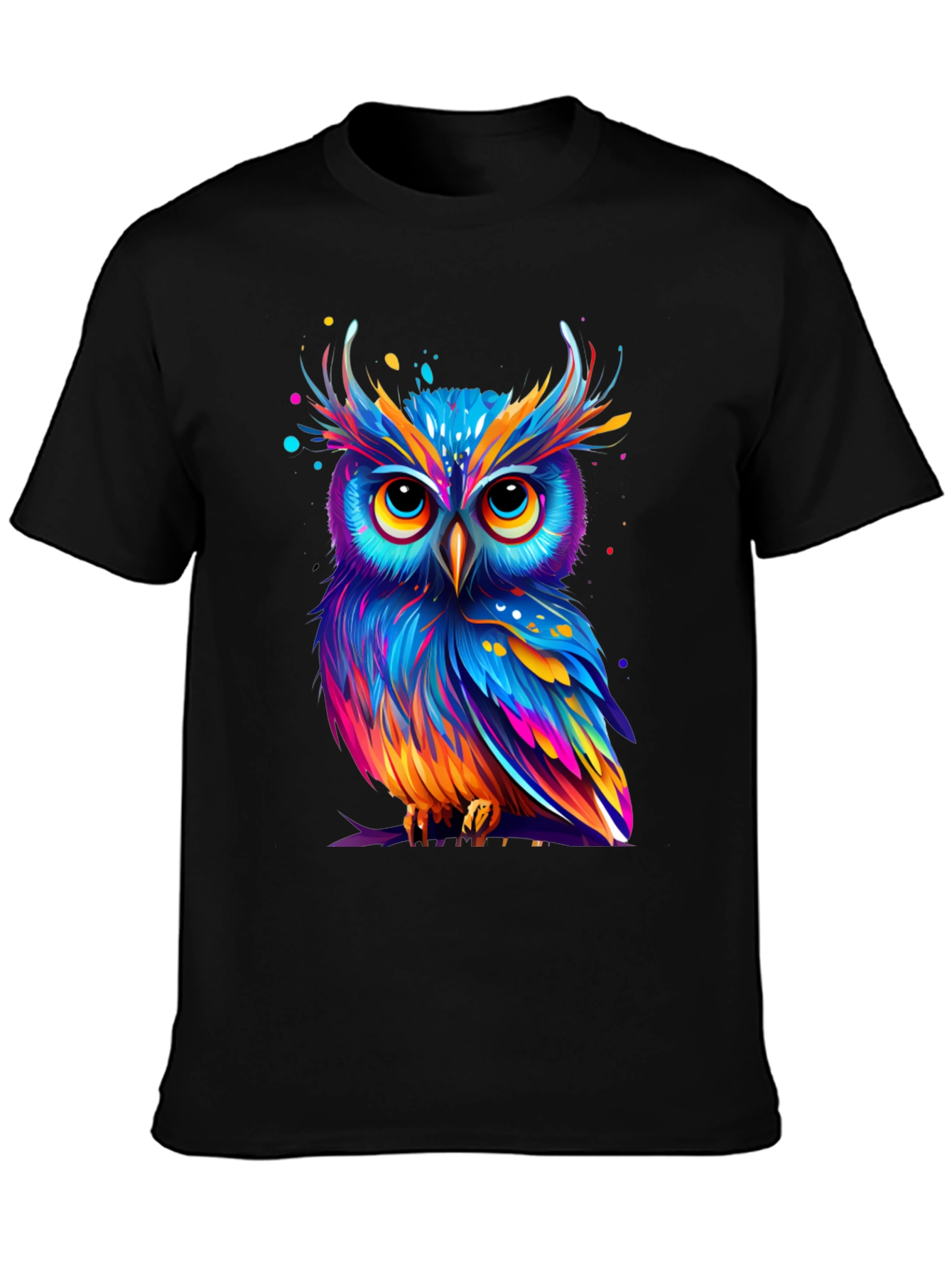 Black Colorful Owl Graphic Tee - Unique Art T-Shirt view 3