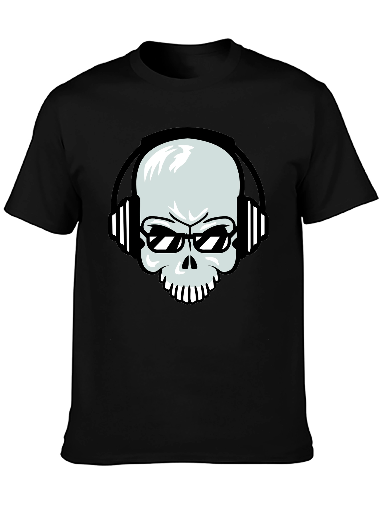 Black Skull with Headphones Graphic Tee - Black Cotton T-Shirt view 3