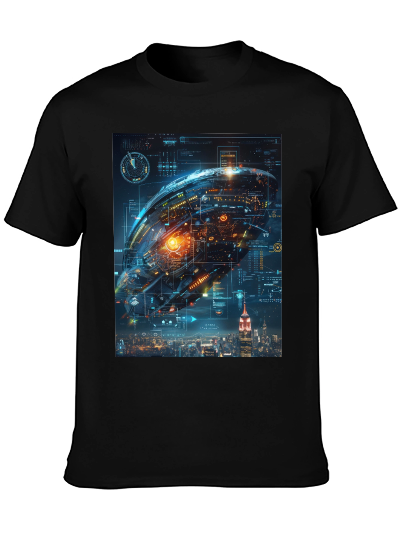 Black Sci-Fi Spaceship Over New York T-Shirt view 3