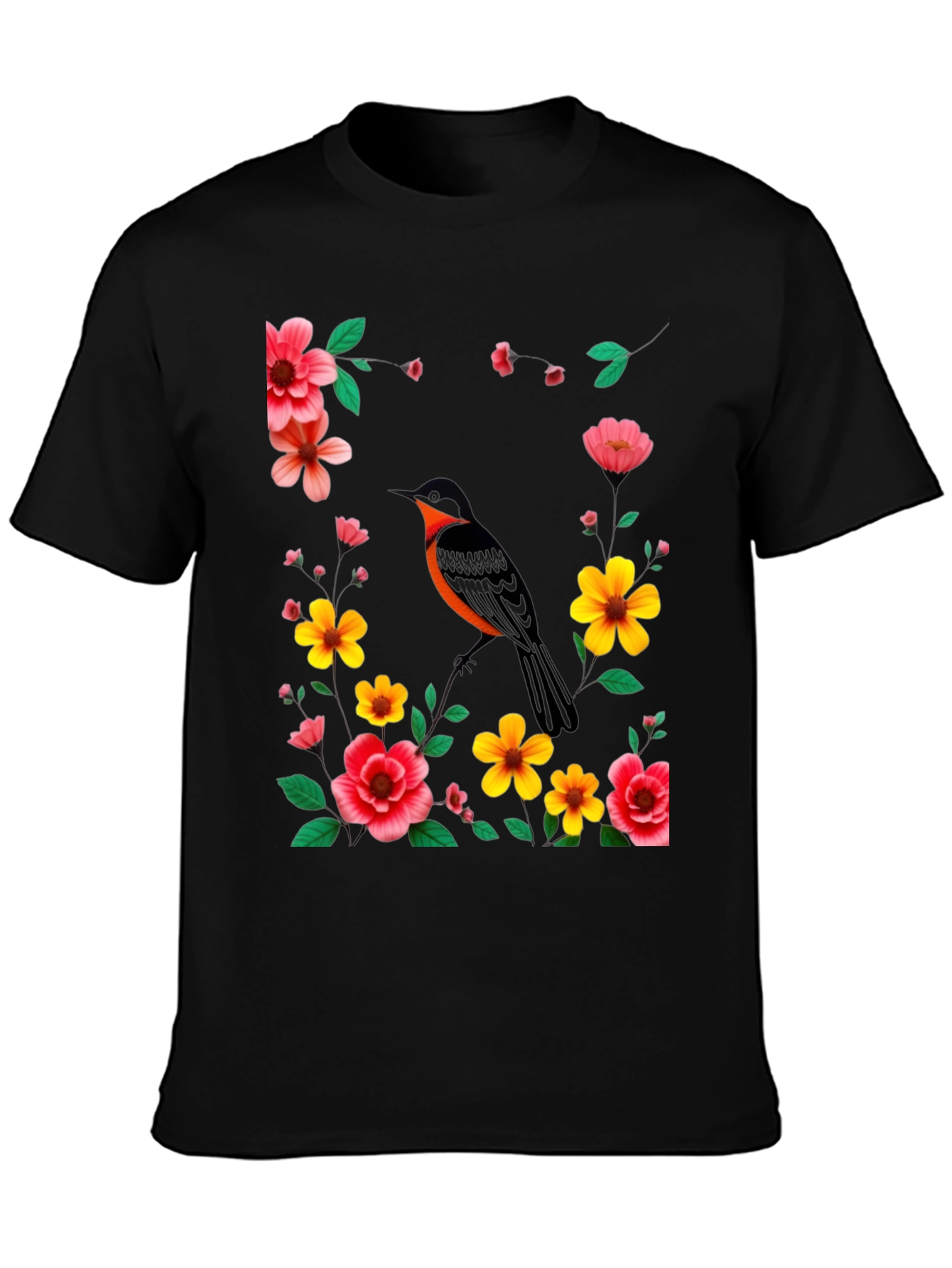 Black Floral Bird Graphic Tee - Stylish Men's Black T-Shirt view 3