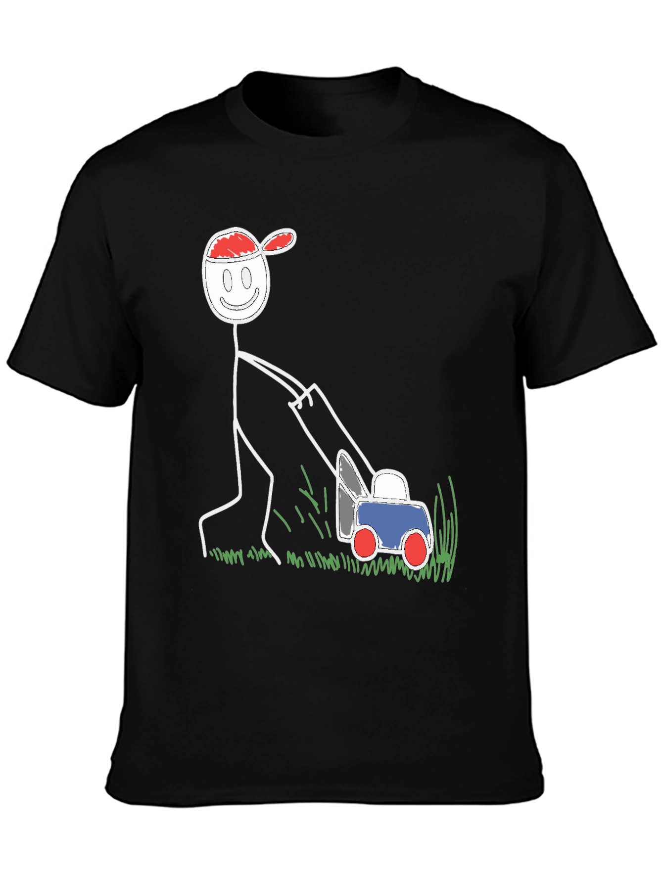 Black Funny Stick Figure Lawn Mower Graphic Tee view 3