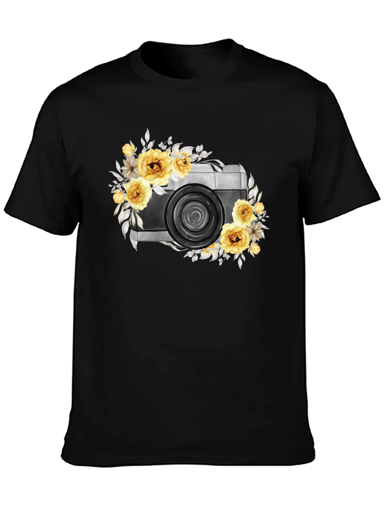 Black Floral Camera Graphic T-Shirt - Black Cotton Tee view 3