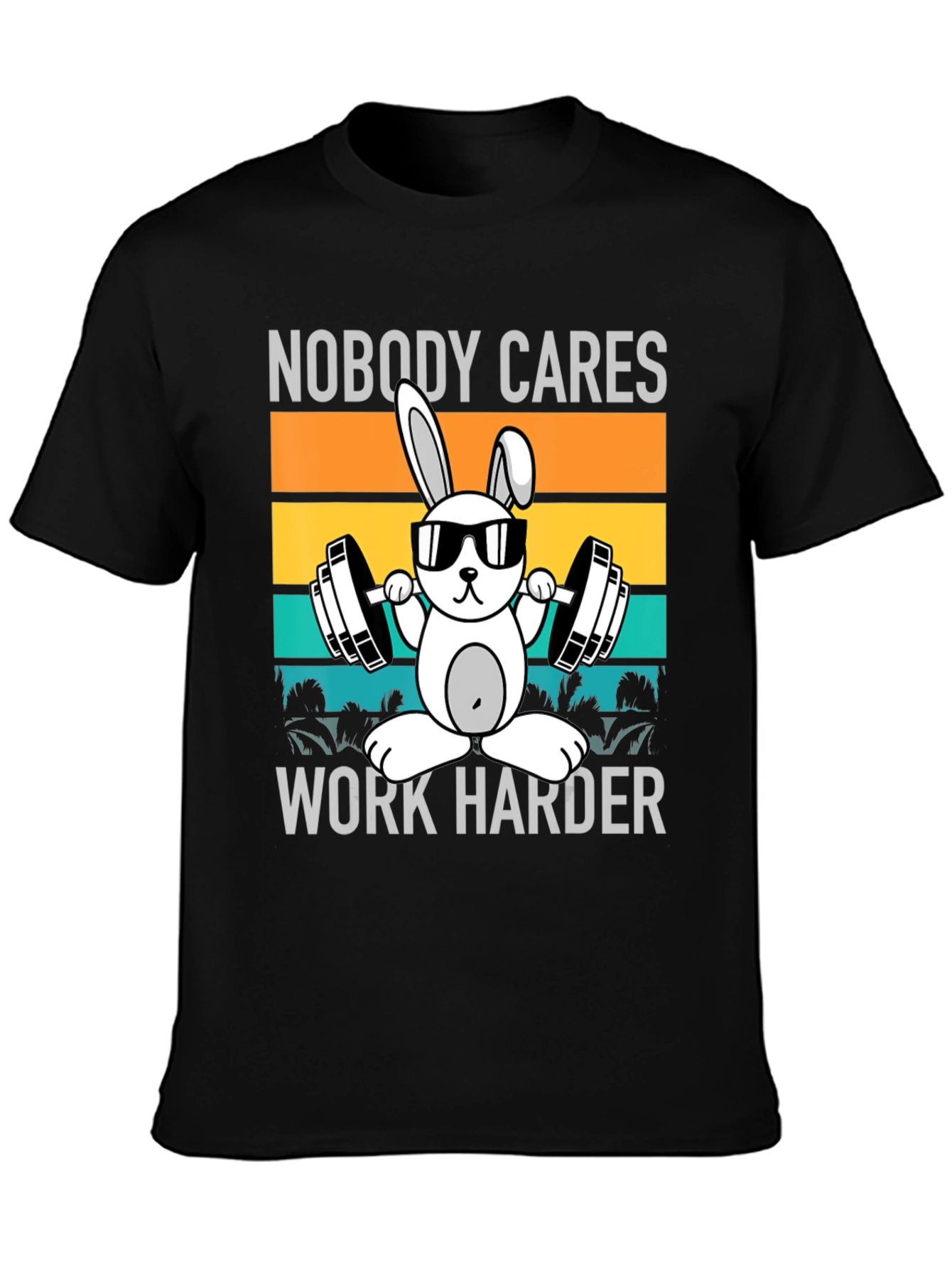 Black Funny Workout Bunny T-Shirt - Nobody Cares, Work Harder view 3