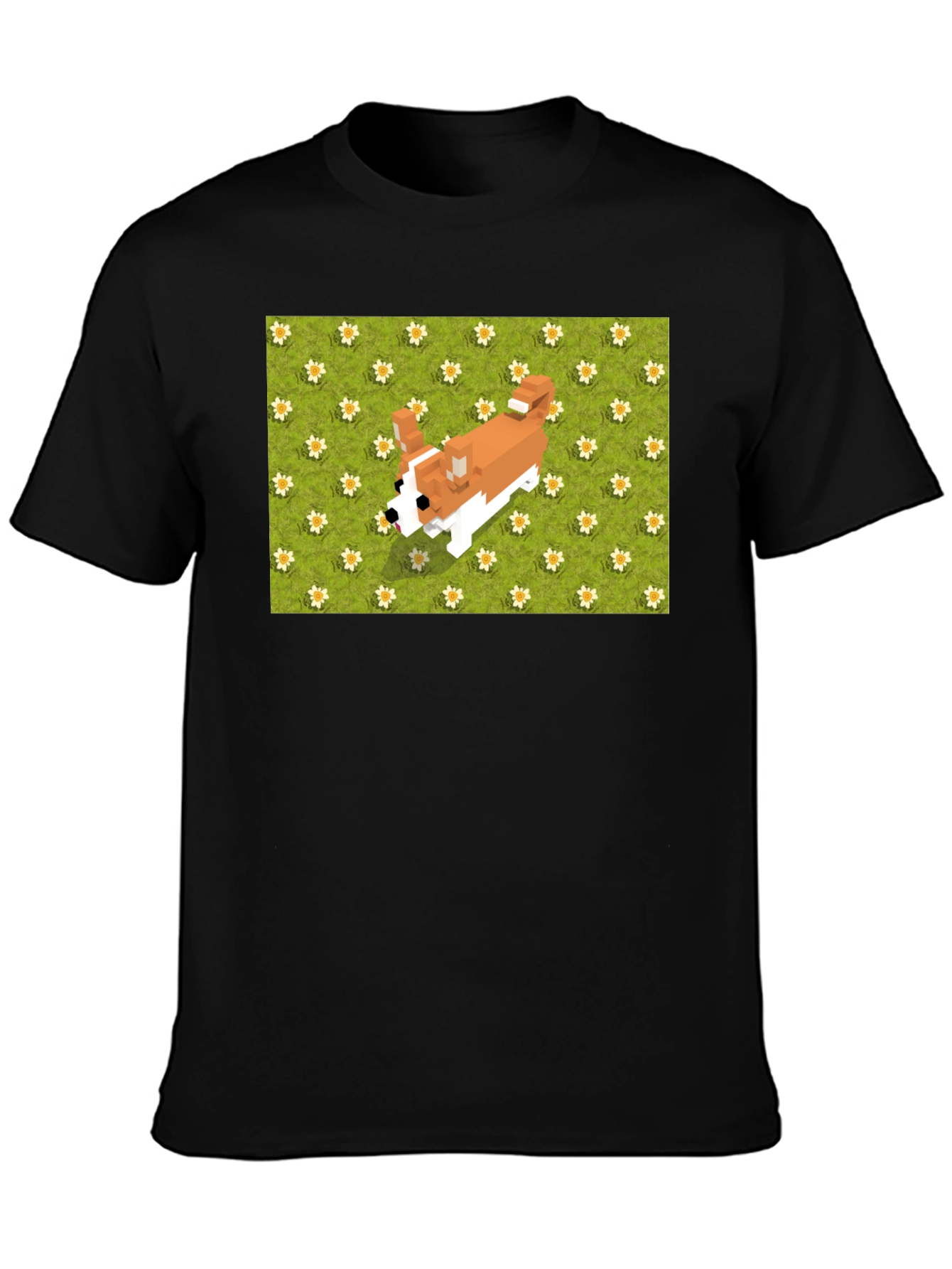 Black Pixel Dog T-Shirt - Corgi on Flowers view 3