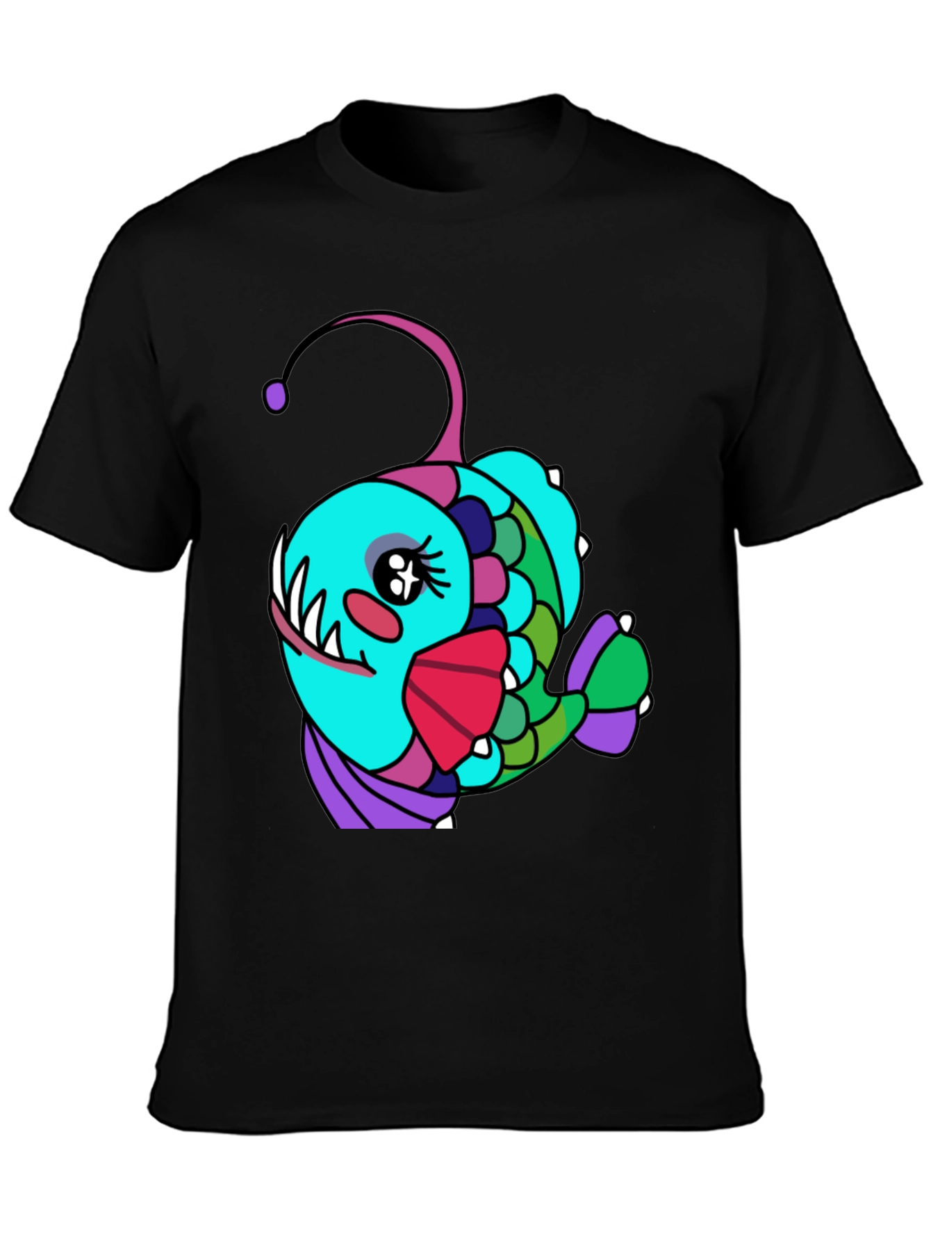 Black Anglerfish Cartoon T-Shirt - Unique Graphic Tee view 3