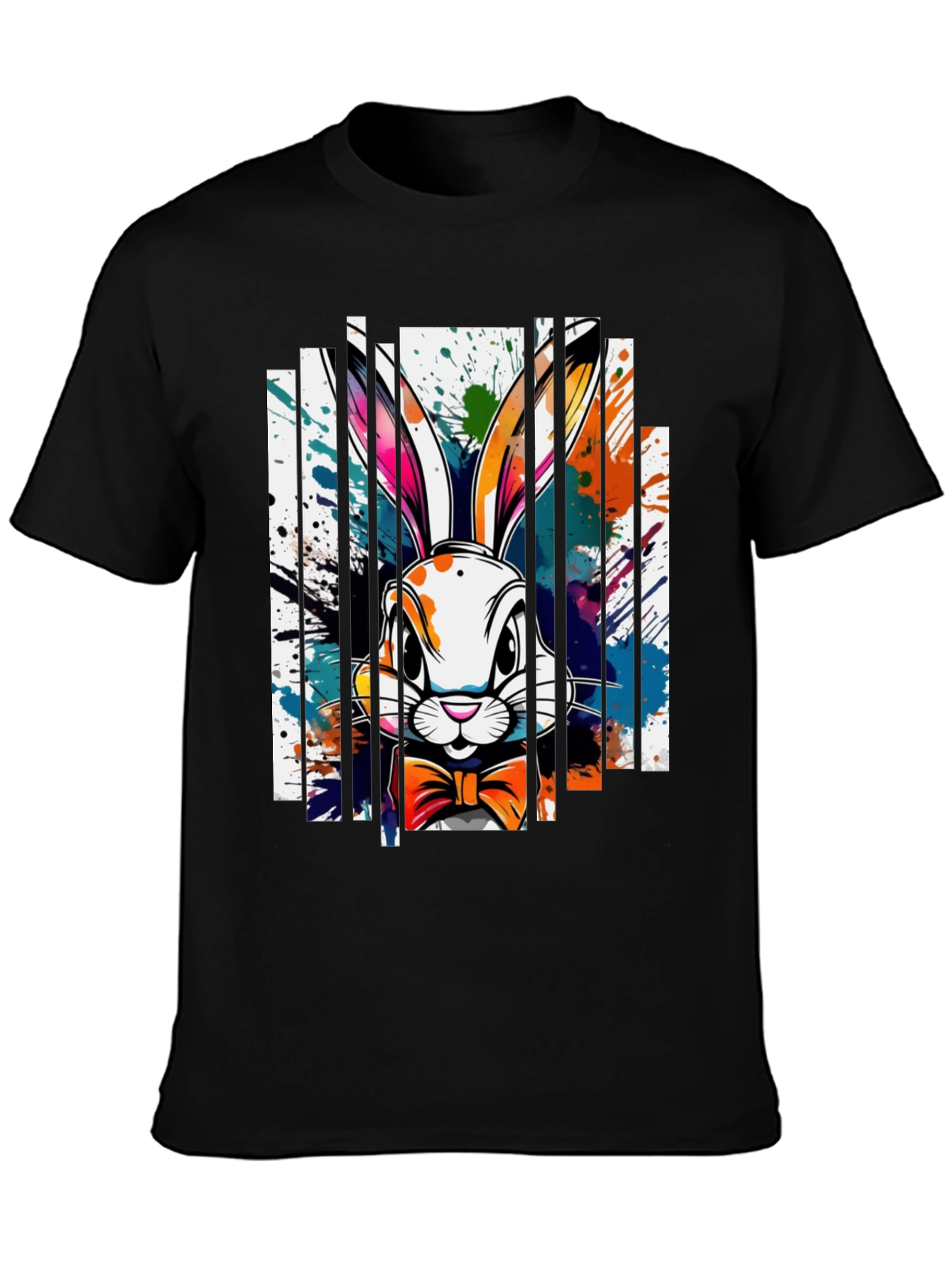 Black Stylish Rabbit Graphic Tee - Unique Colorful Design view 3