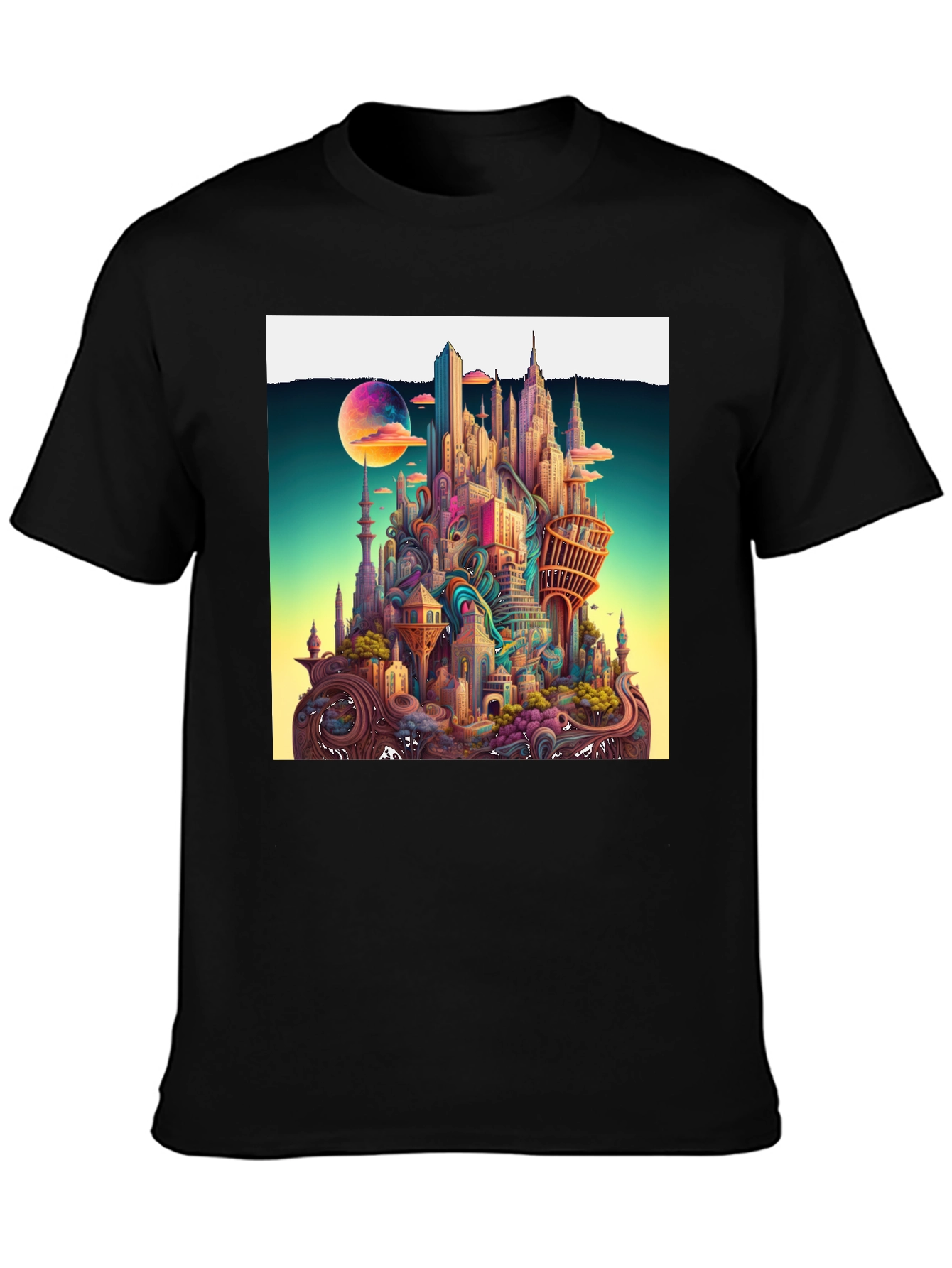 Black Whimsical Cityscape Graphic Tee - Unique Urban Fantasy Design view 3