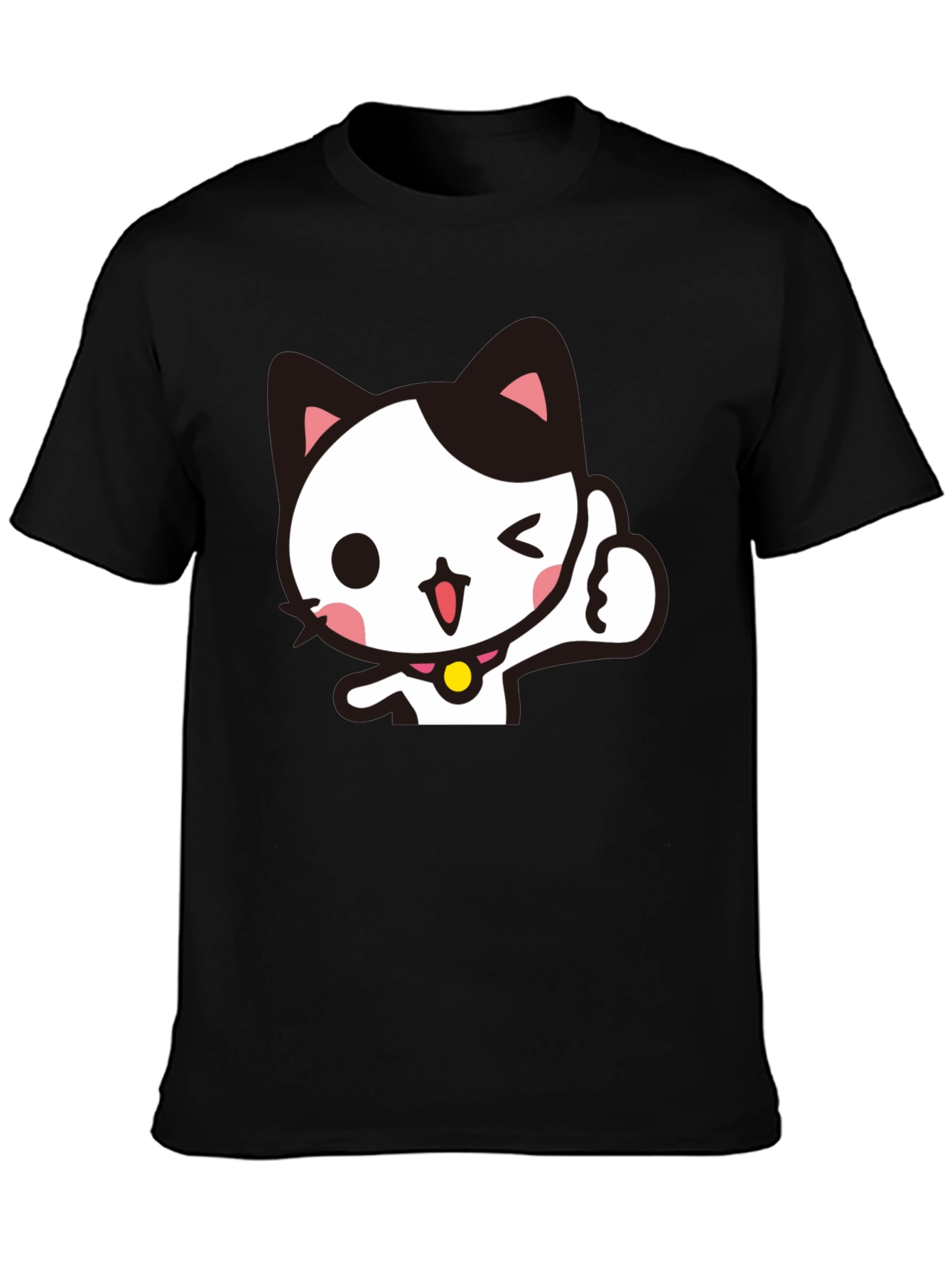 Black Cool Black T-Shirt with Cute Winking Cat Graphic view 3