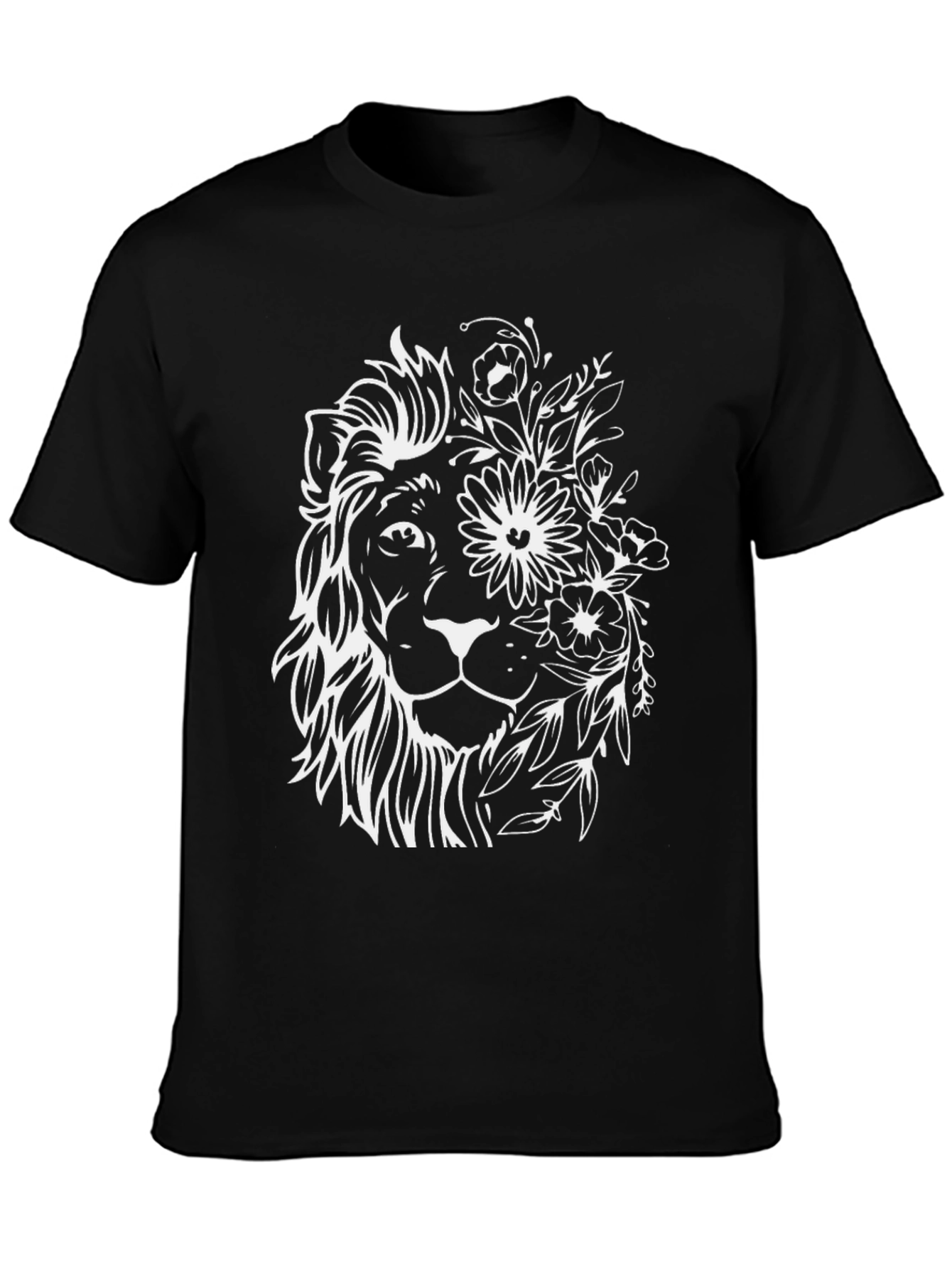 Black Floral Lion Graphic Tee - Black Cotton Blend view 3