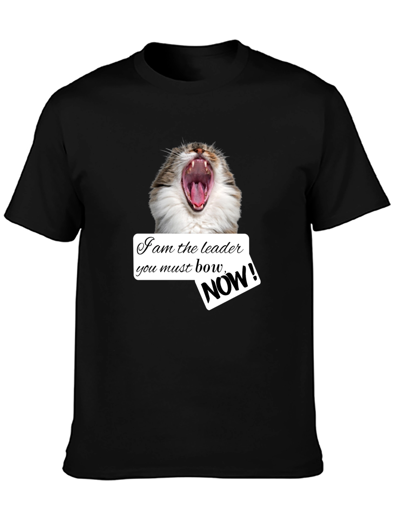 Black Funny Cat T-Shirt - I am the Leader Bow NOW! - Black view 3