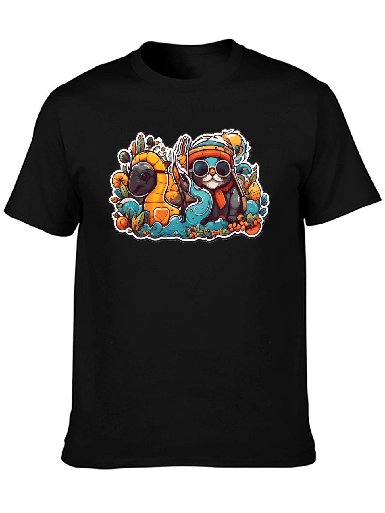 Black Cool Cartoon Otter and Platypus Black T-Shirt view 3