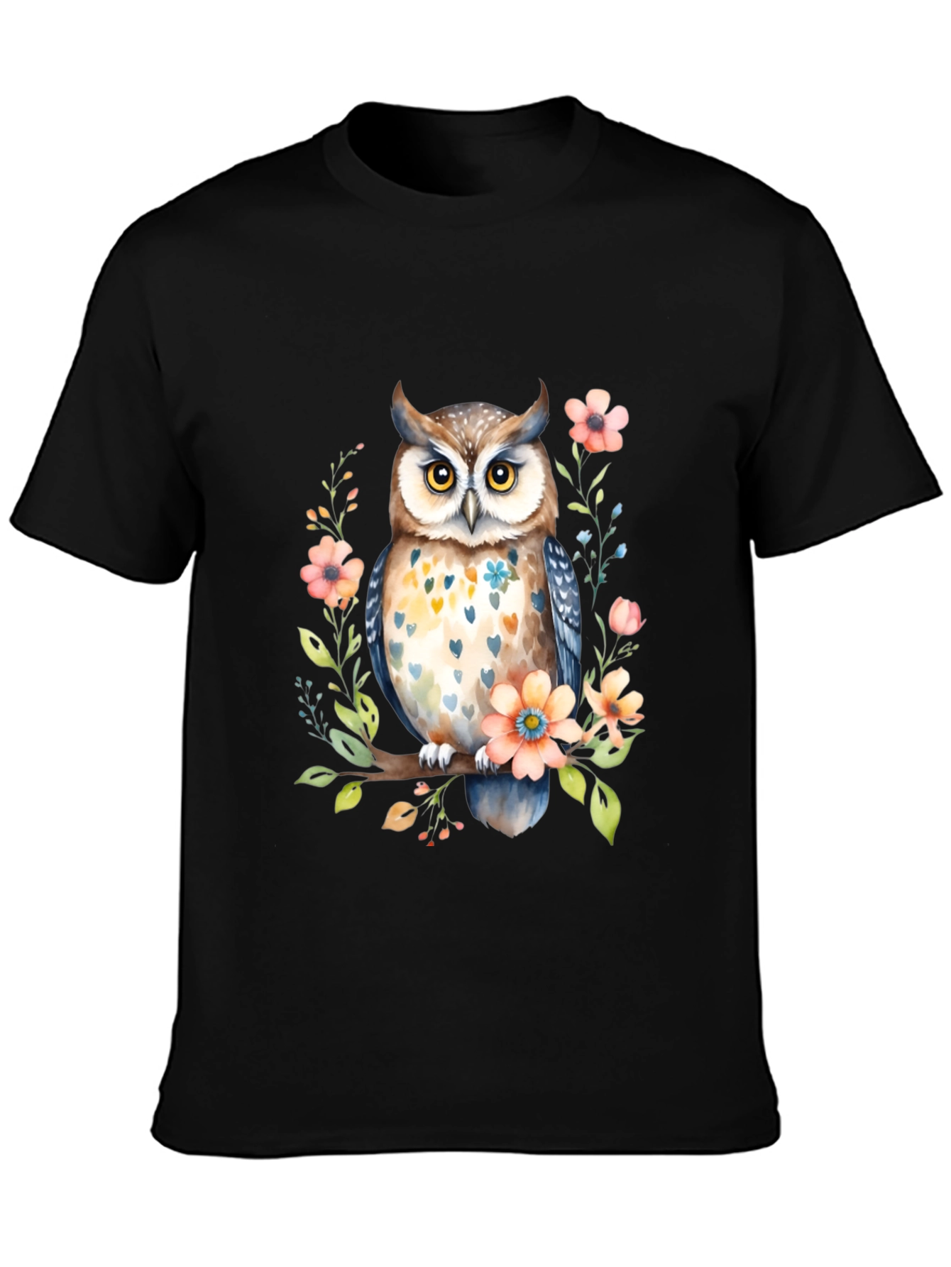 Black Owl and Floral Black T-Shirt view 3