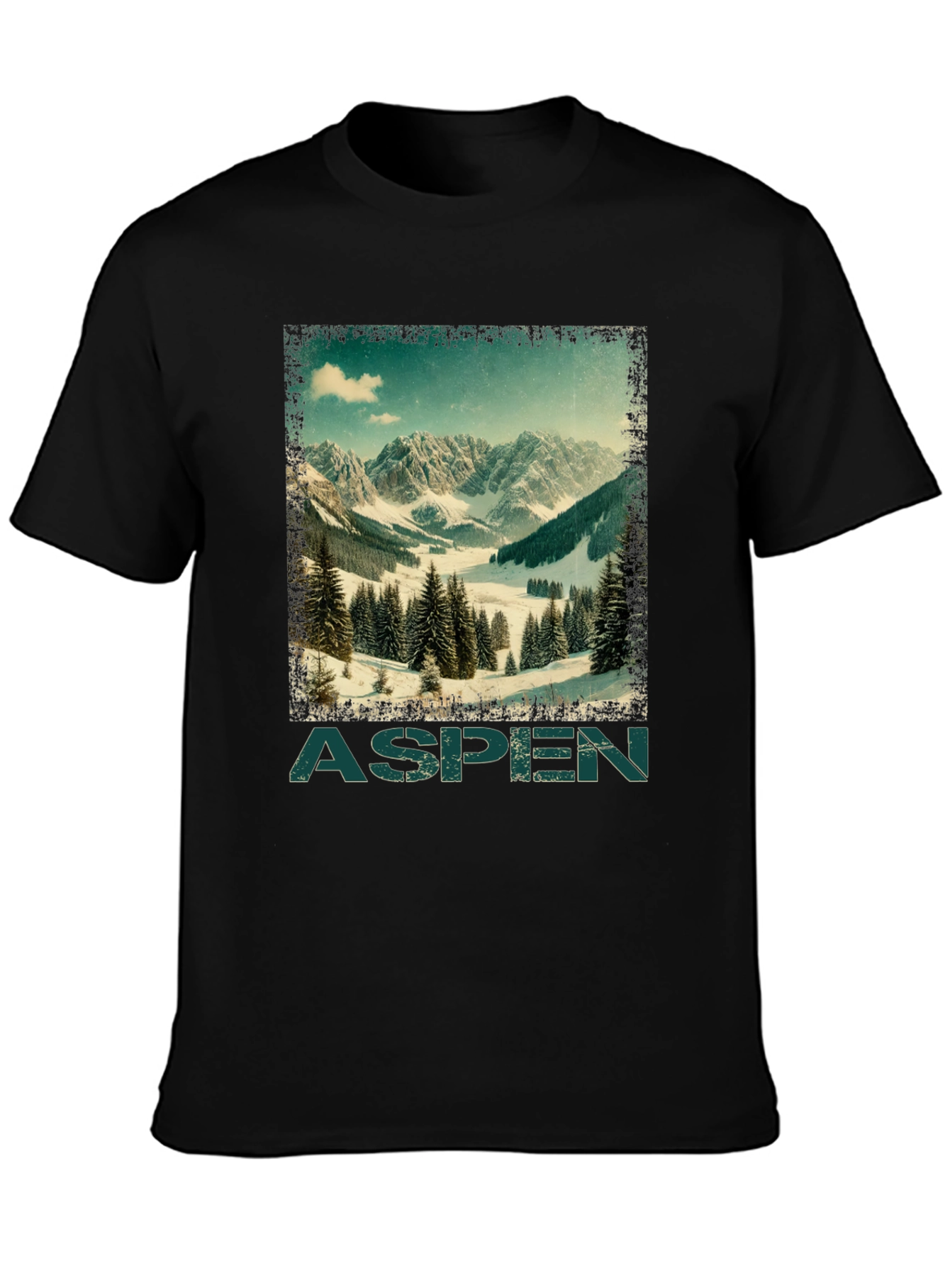 Black Aspen Mountain Graphic T-Shirt - Vintage Ski Design view 3
