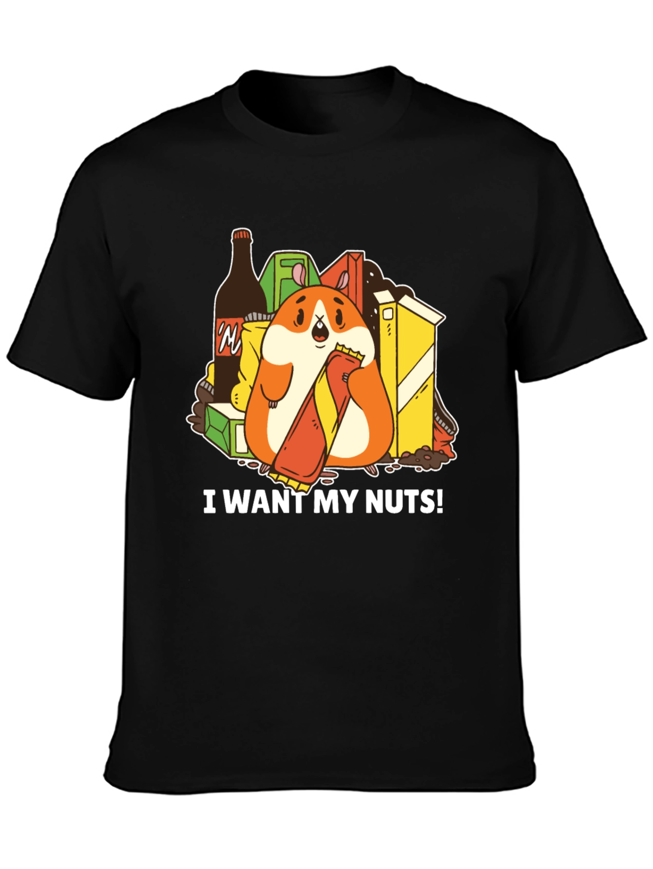 Black Funny Hamster 'I Want My Nuts!' Graphic T-Shirt view 3