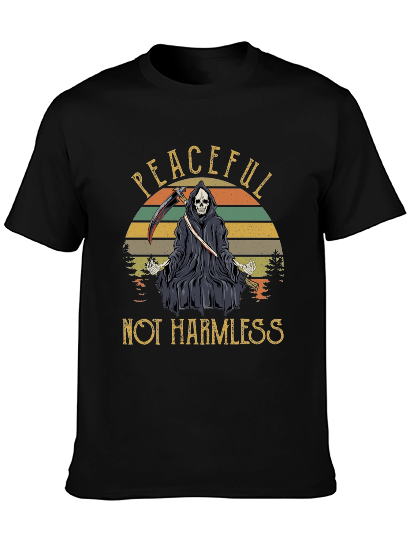 Black Peaceful Not Harmless Grim Reaper Graphic T-Shirt view 3