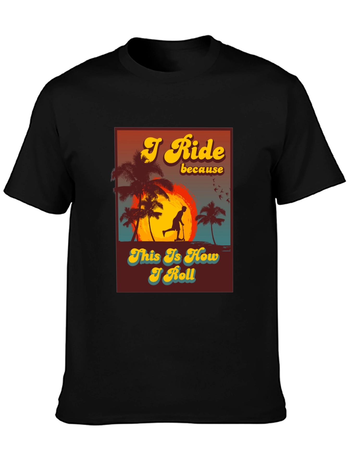 Black I Ride Scooter Tee - Retro Sunset Design view 3