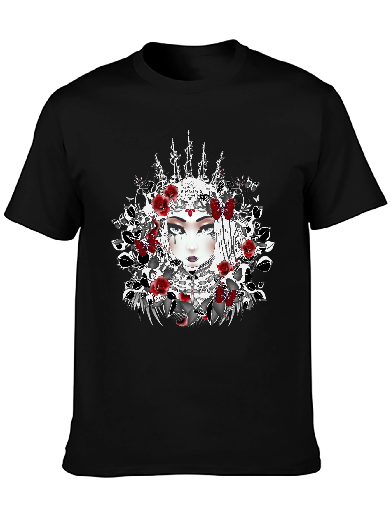 Black Gothic Queen T-Shirt - Floral Crown Design view 3