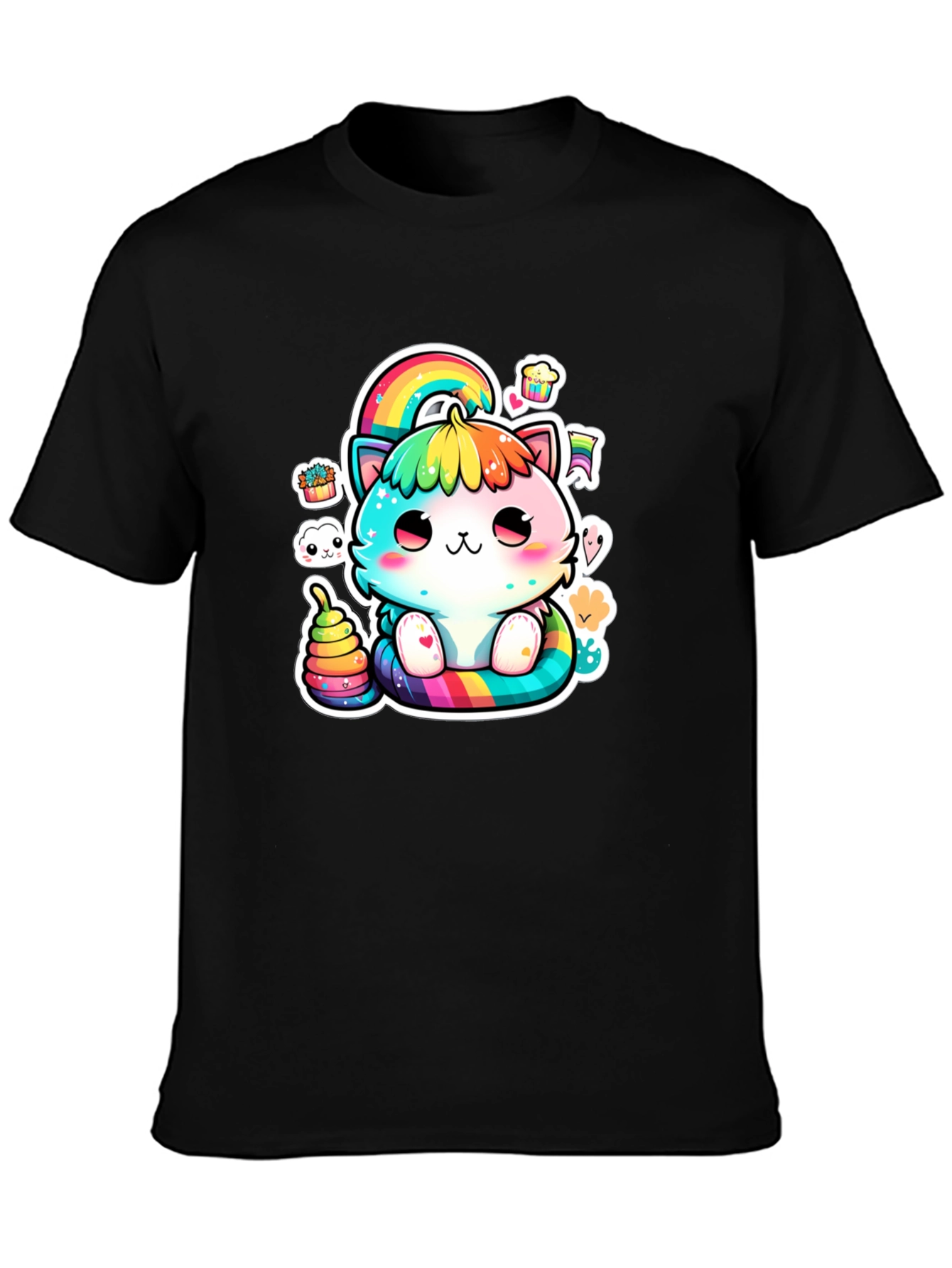 Black Rainbow Cat T-Shirt: Cute Kawaii Design view 3