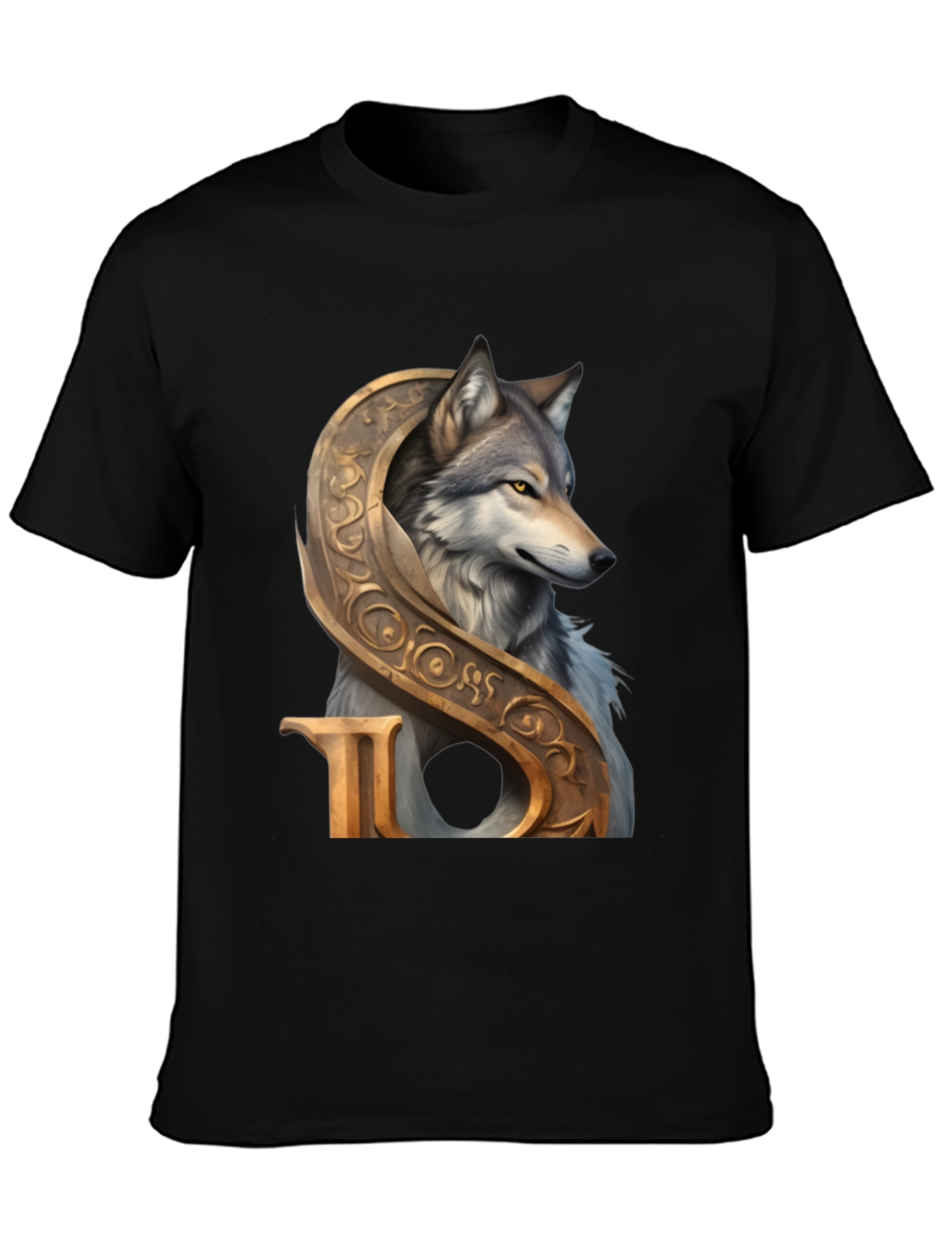 Black Wolf and Ornamental Letter T-Shirt view 3