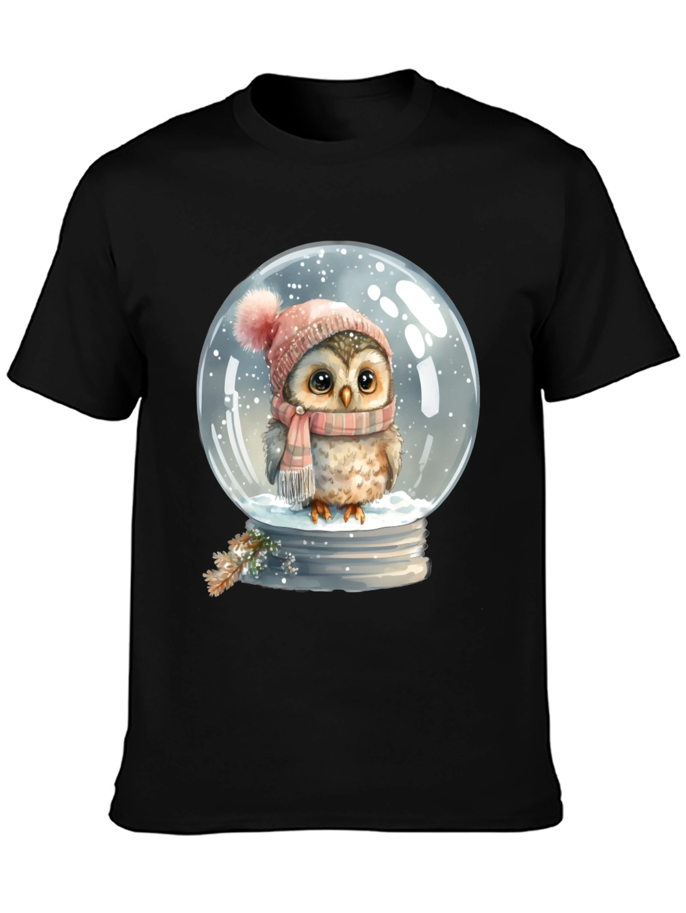 Winter Owl in Snow Globe Black T-Shirt - 3