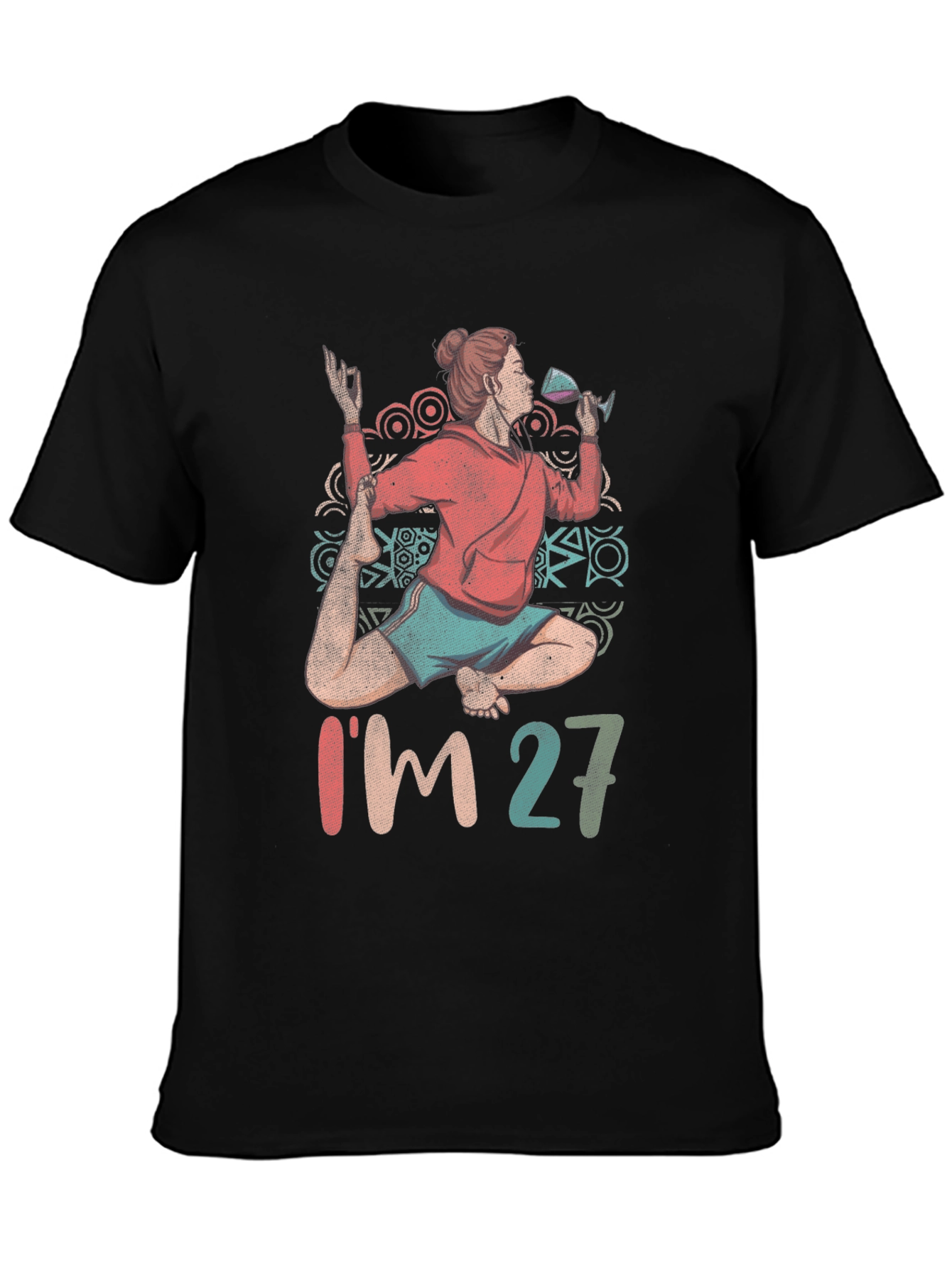 Black Yoga & Wine Birthday T-Shirt - I'm 27 Graphic Tee view 3