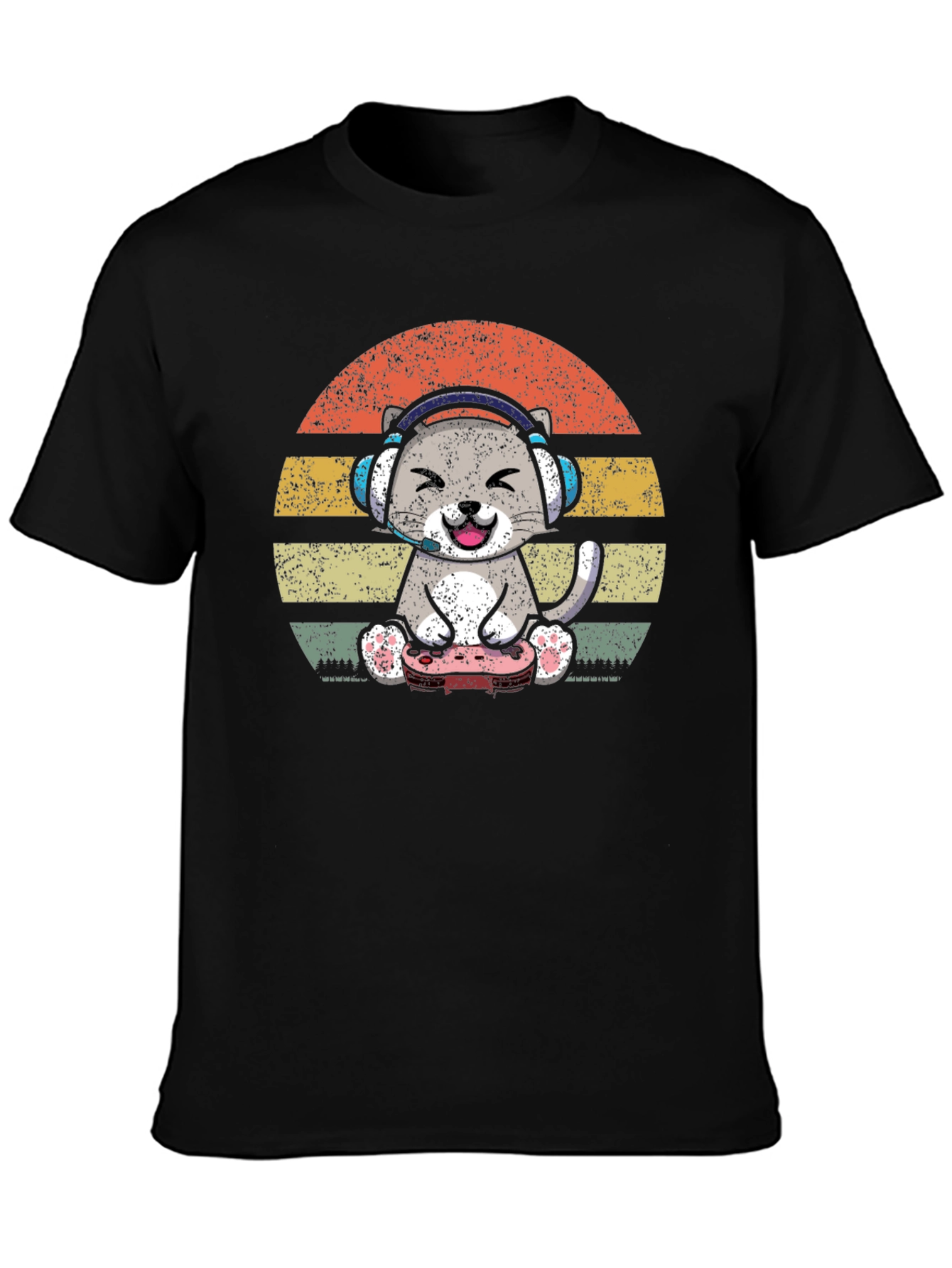 Black Gamer Cat T-Shirt - Vintage Sunset Design view 3
