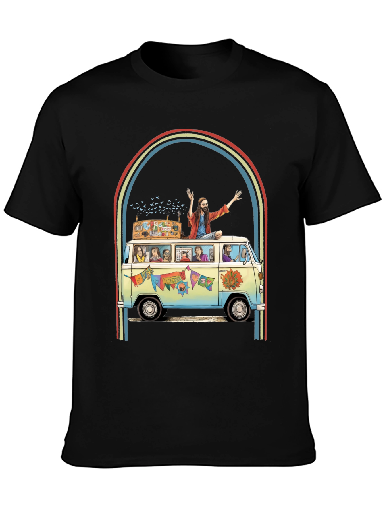 Black Hippie Bus T-Shirt - Groovy Retro Style view 3