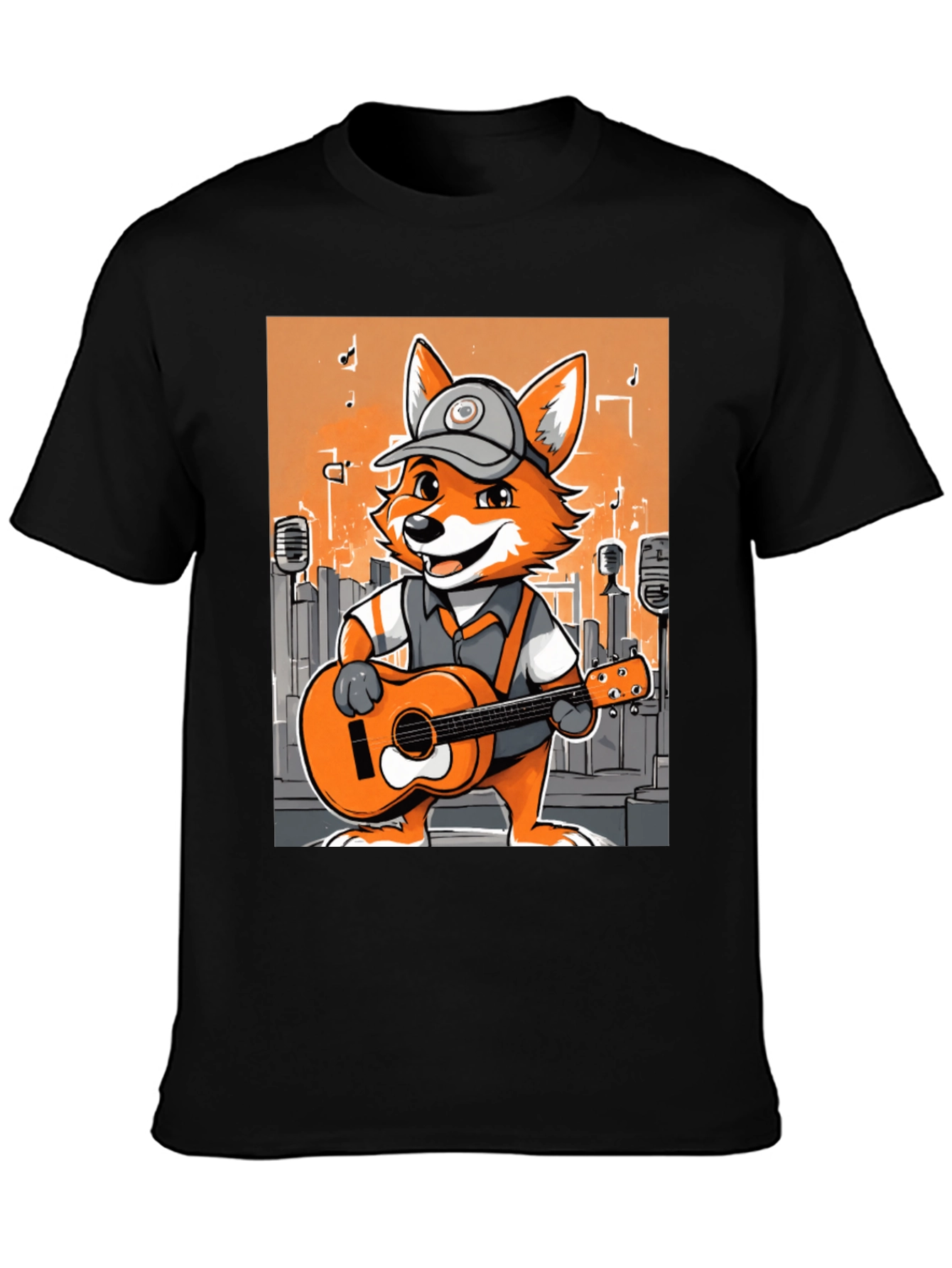 Black Cartoon Fox Musician Graphic Tee view 3