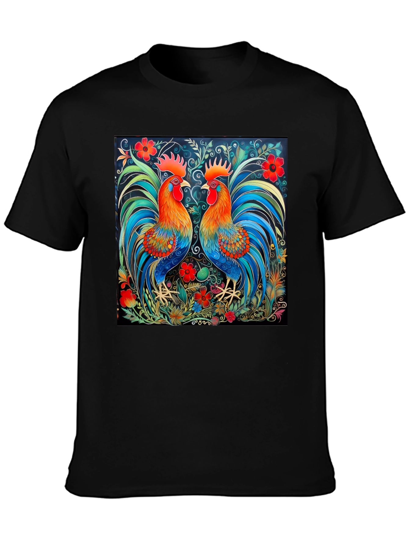 Black Rooster Art Print Black T-Shirt - Stylish Graphic Tee view 3