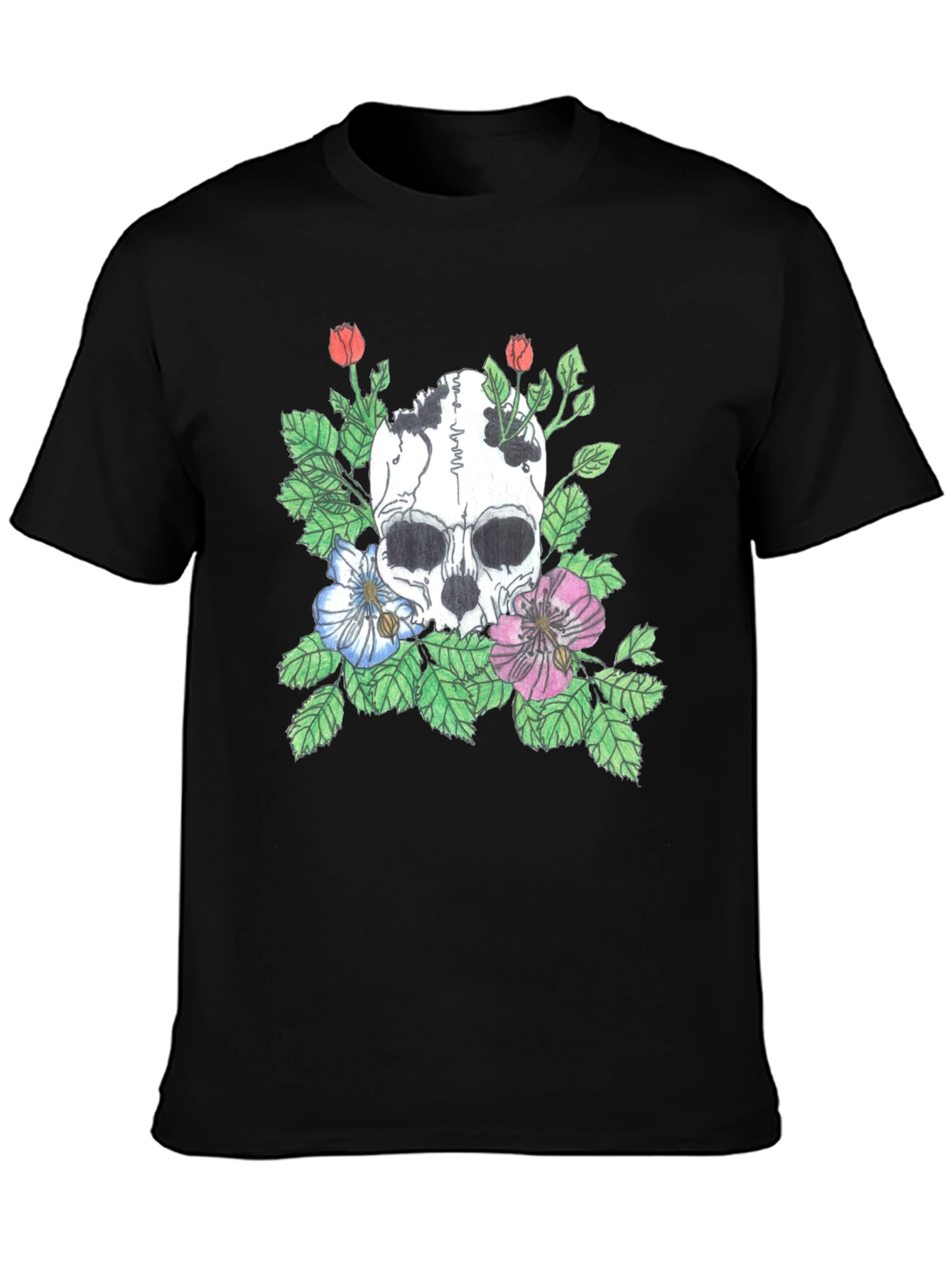 Black Skull Floral Graphic Tee - Stylish Black T-Shirt view 3