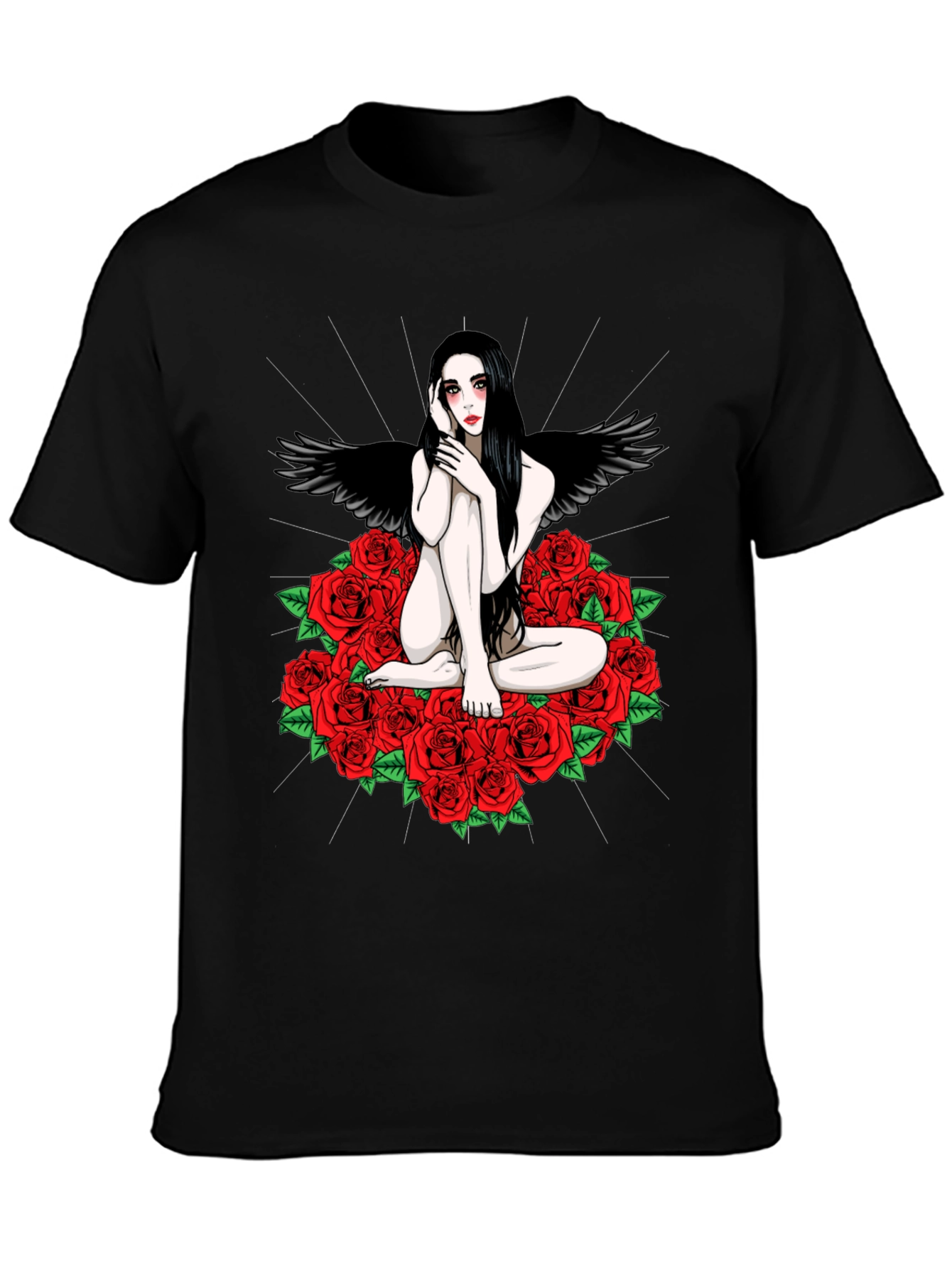 Black Gothic Angel Rose T-Shirt - Dark Fantasy Tee view 3