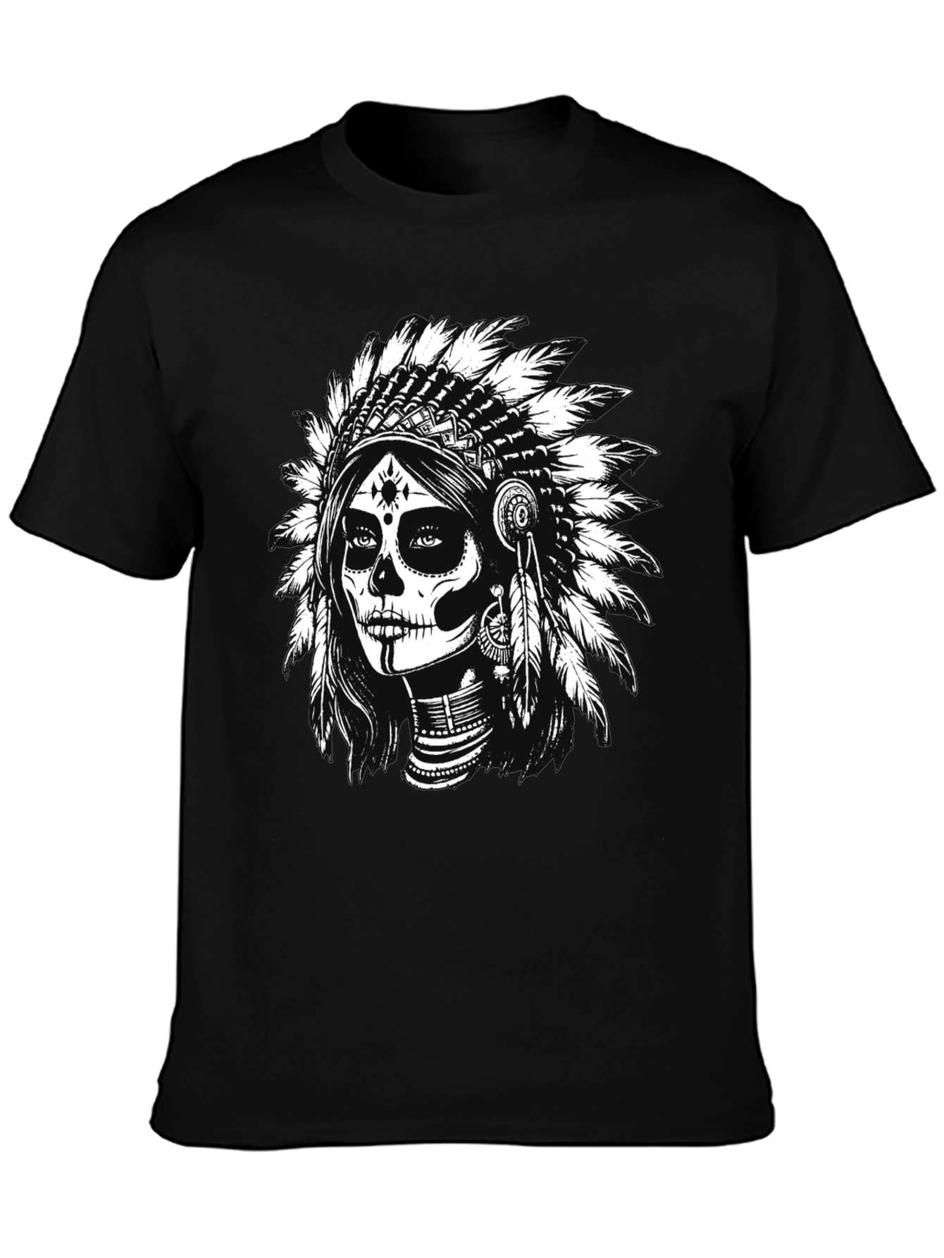 Black Skull Indian Headdress Graphic Tee - Black view 3