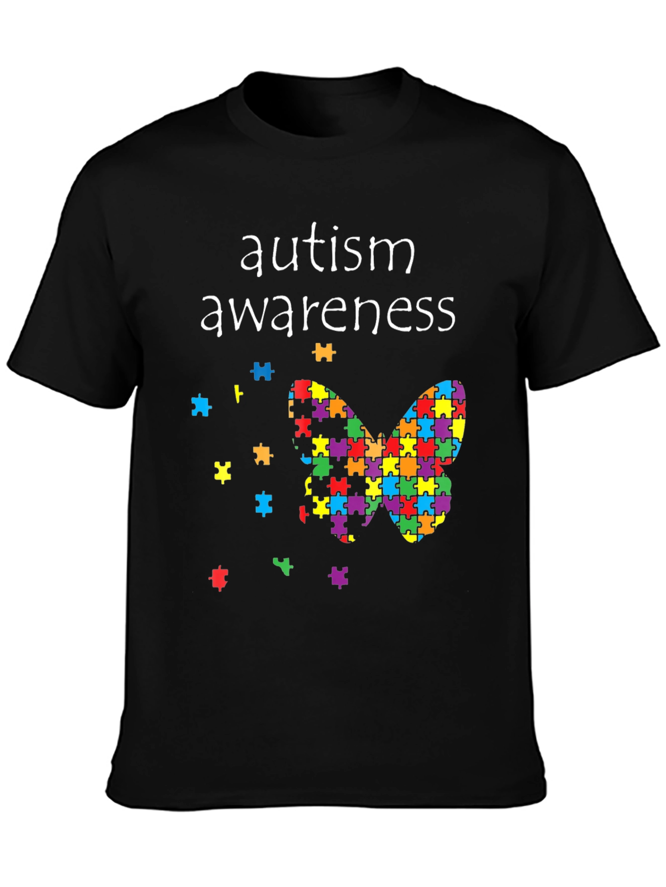 Black Autism Awareness Butterfly Puzzle Piece T-Shirt view 3