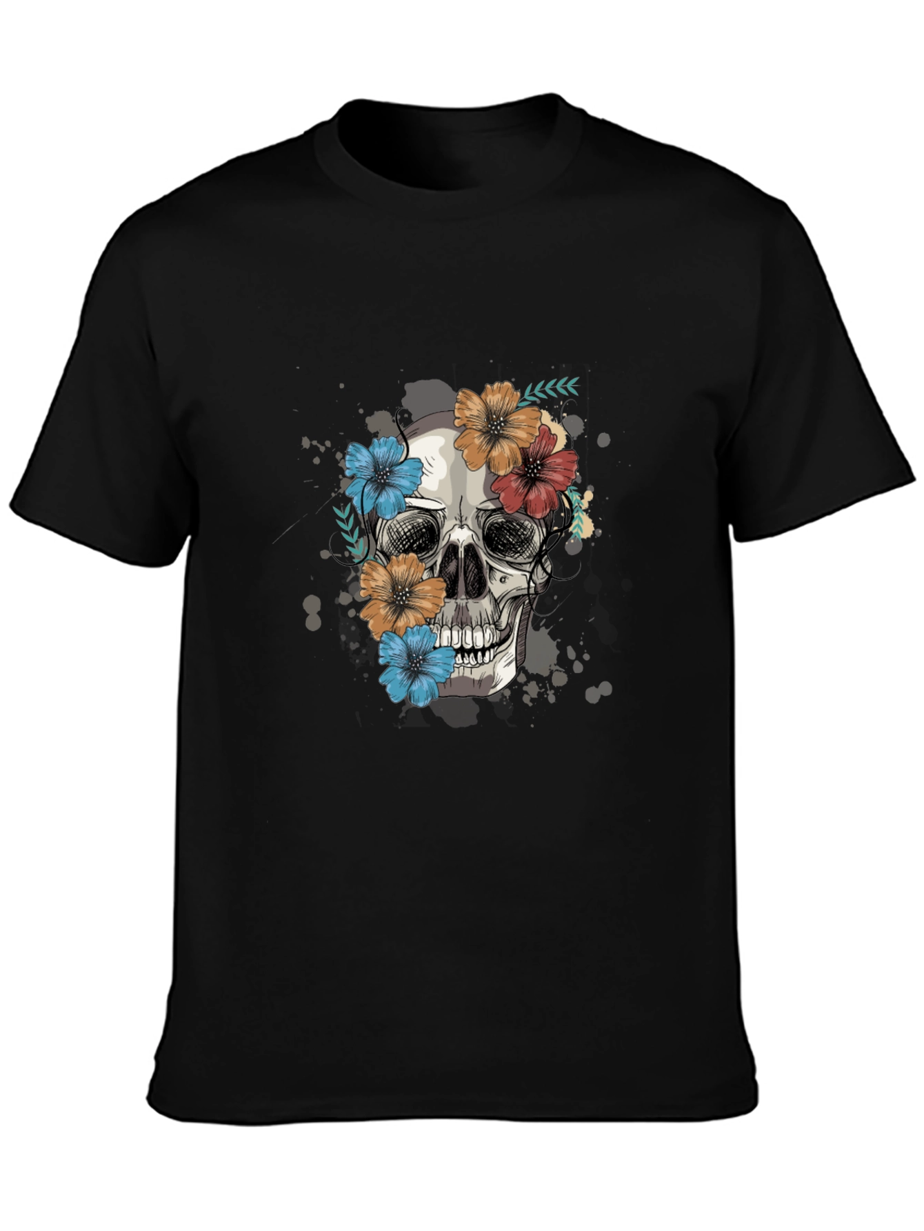 Black Skull & Floral Graphic Tee view 3
