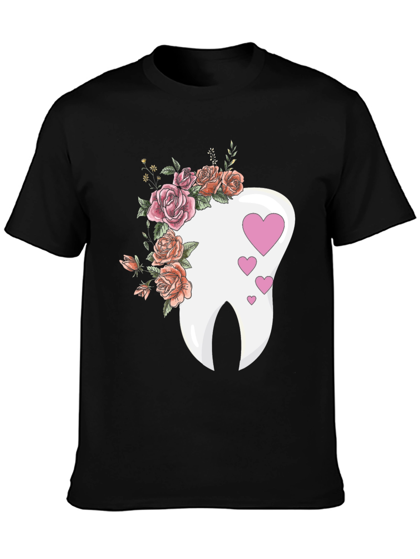 Black Floral Tooth Heart Graphic Tee - Dentist Gift view 3