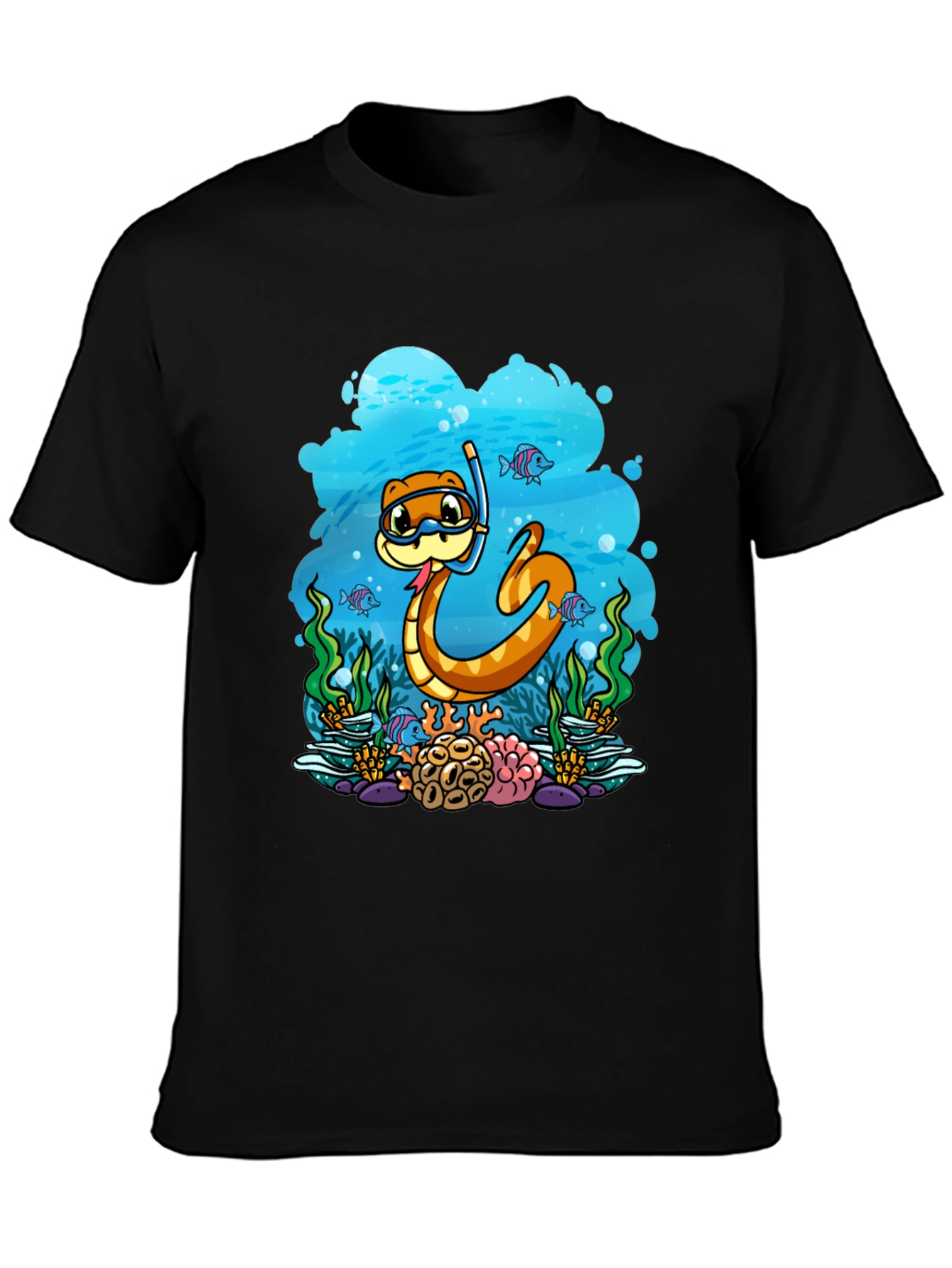 Black Cartoon Snorkeling Snake Graphic Tee view 3