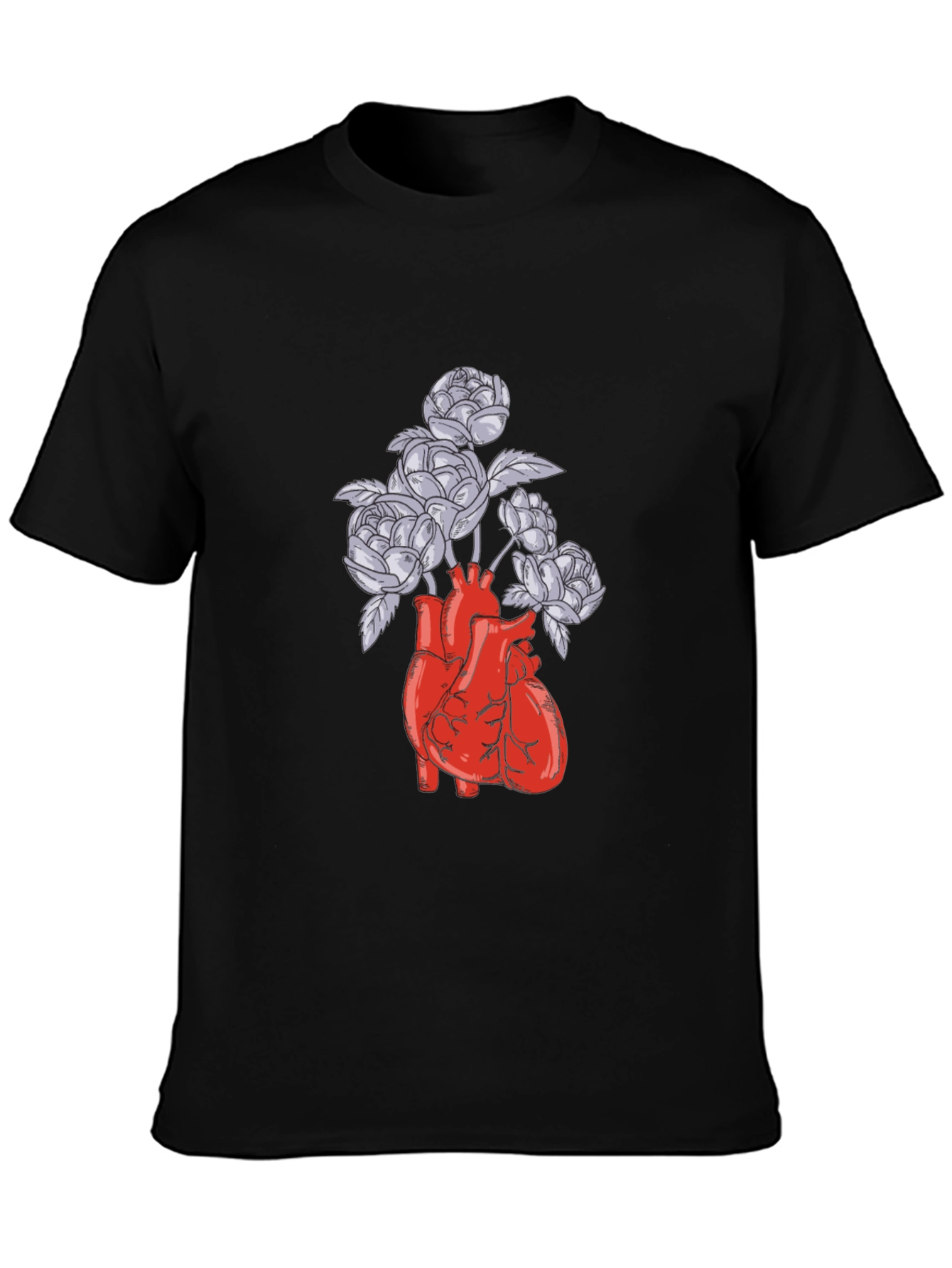 Black Anatomical Heart and Flowers Graphic T-Shirt view 3